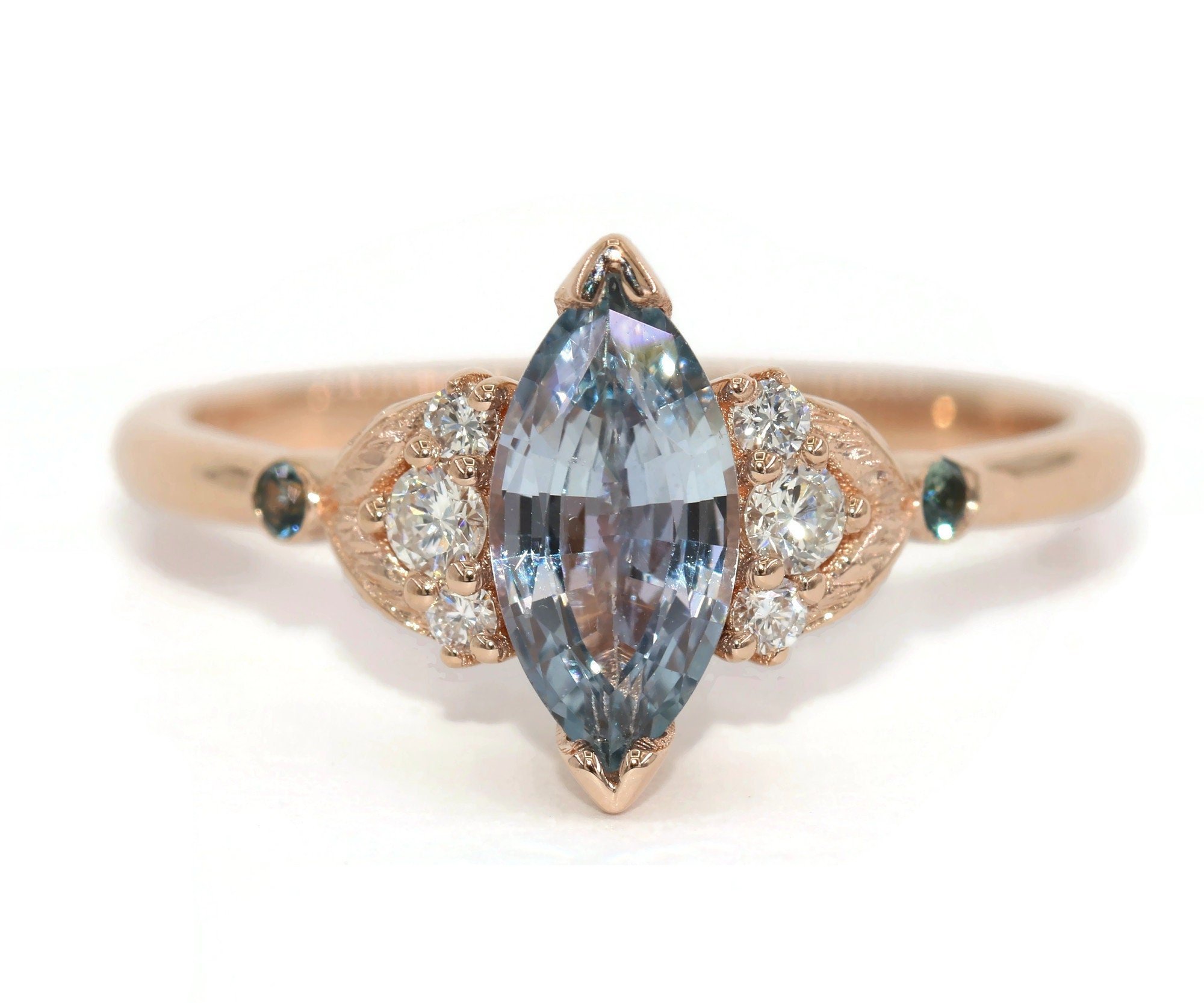 Custom 1 carat Marquise Natural Sapphire Hand Carved Leaf Engagement Ring