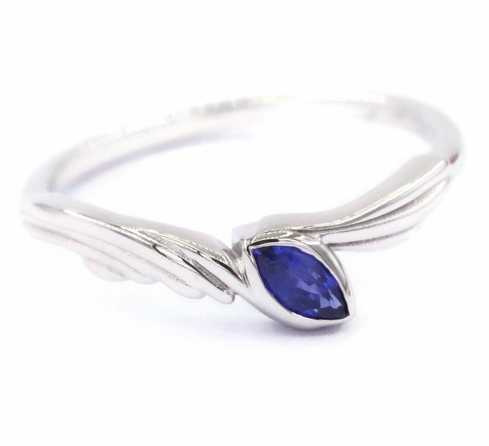 Art Nouveau Style Custom Made Dainty Feminine Wedding Ring with Marquise Sapphires
