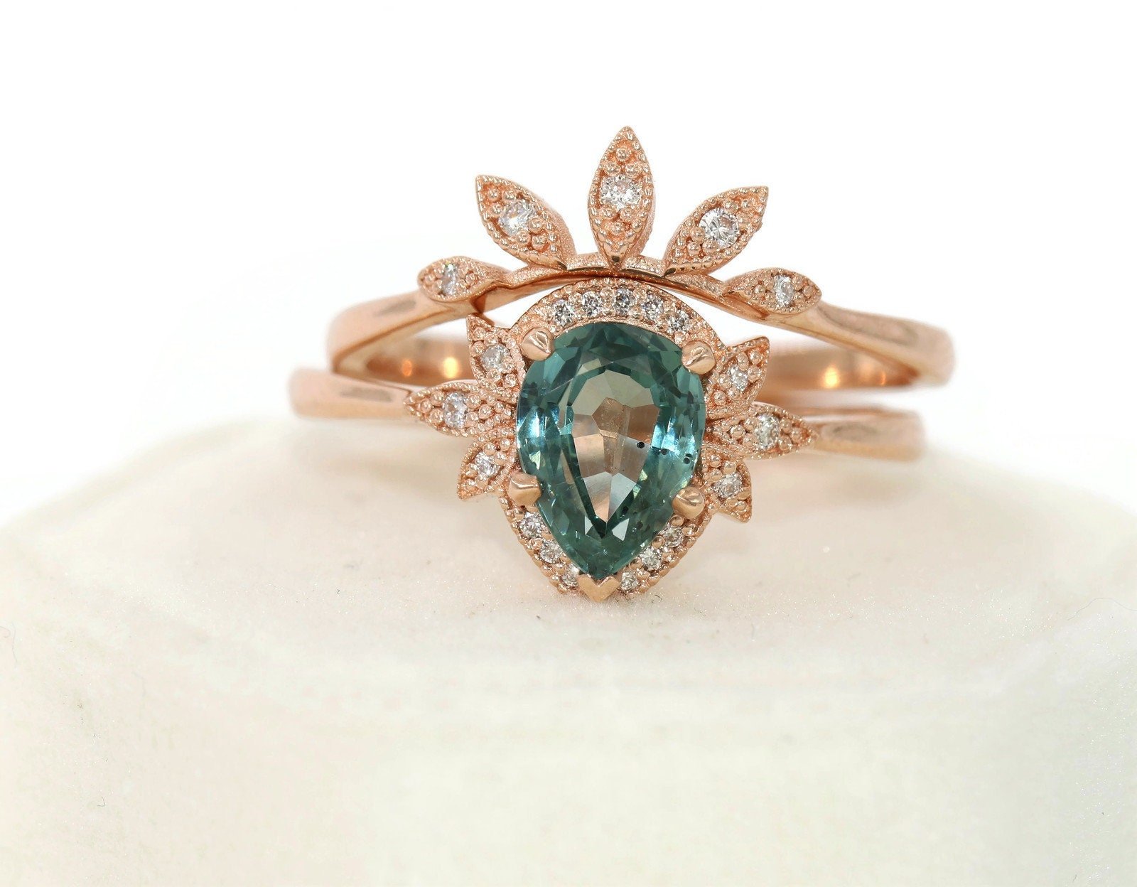 Vintage Inspired Leaf Pattern Pear Engagement Ring and Wedding Band Set, Setting ONLY