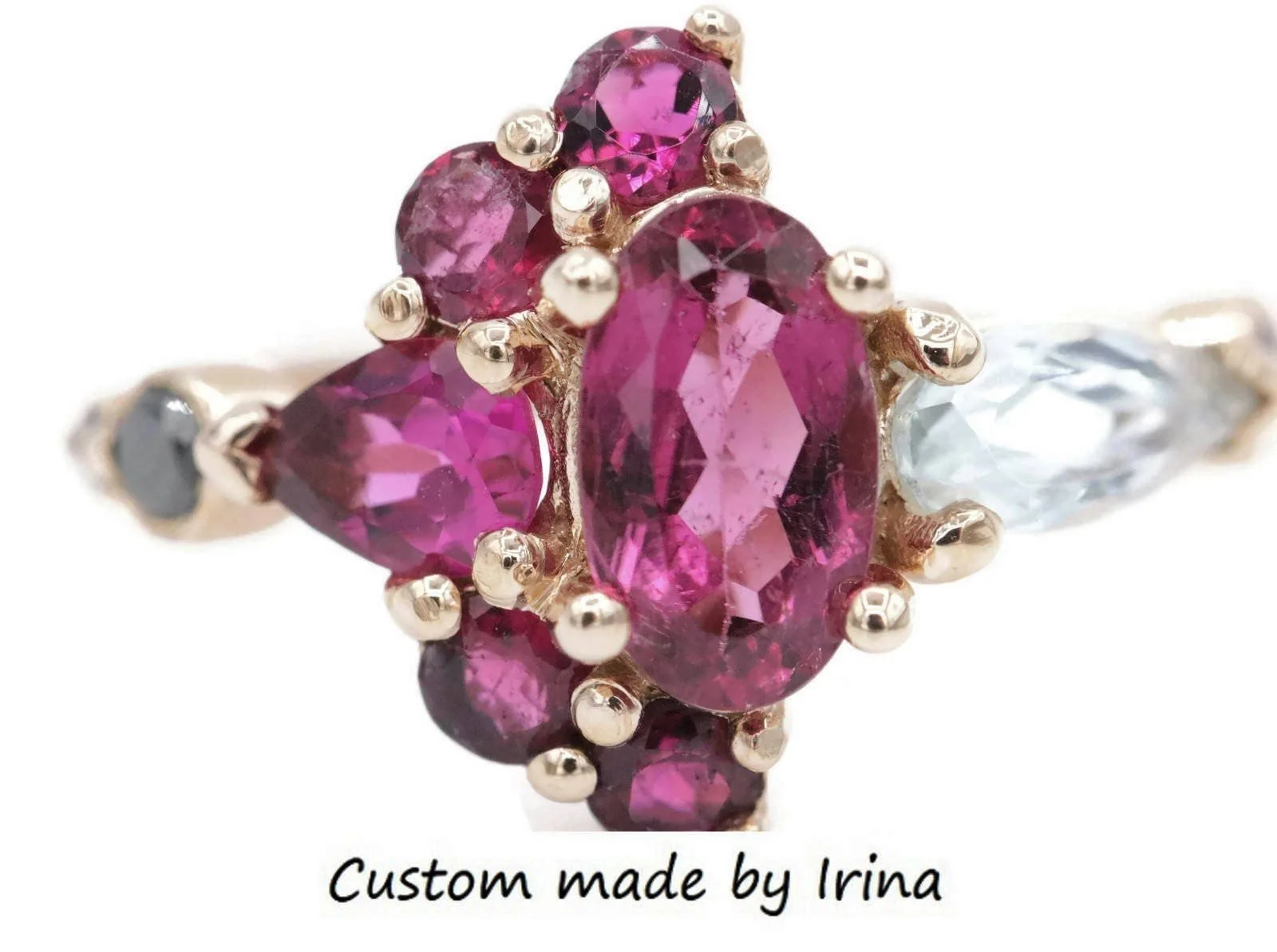 Rubellite Tourmaline Ombre Cluster Ring: Gemstone Crescent Ring 14k Solid Gold