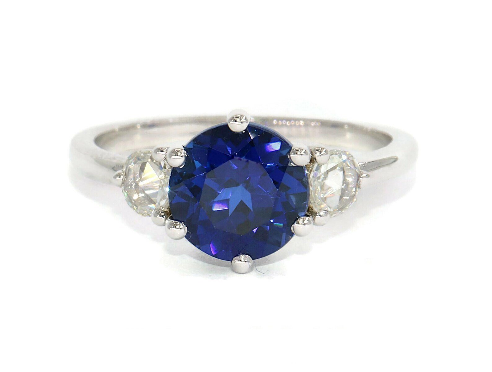 Three Stone Rose Cut Natural Diamond + 8 mm Lab Sapphire Ring