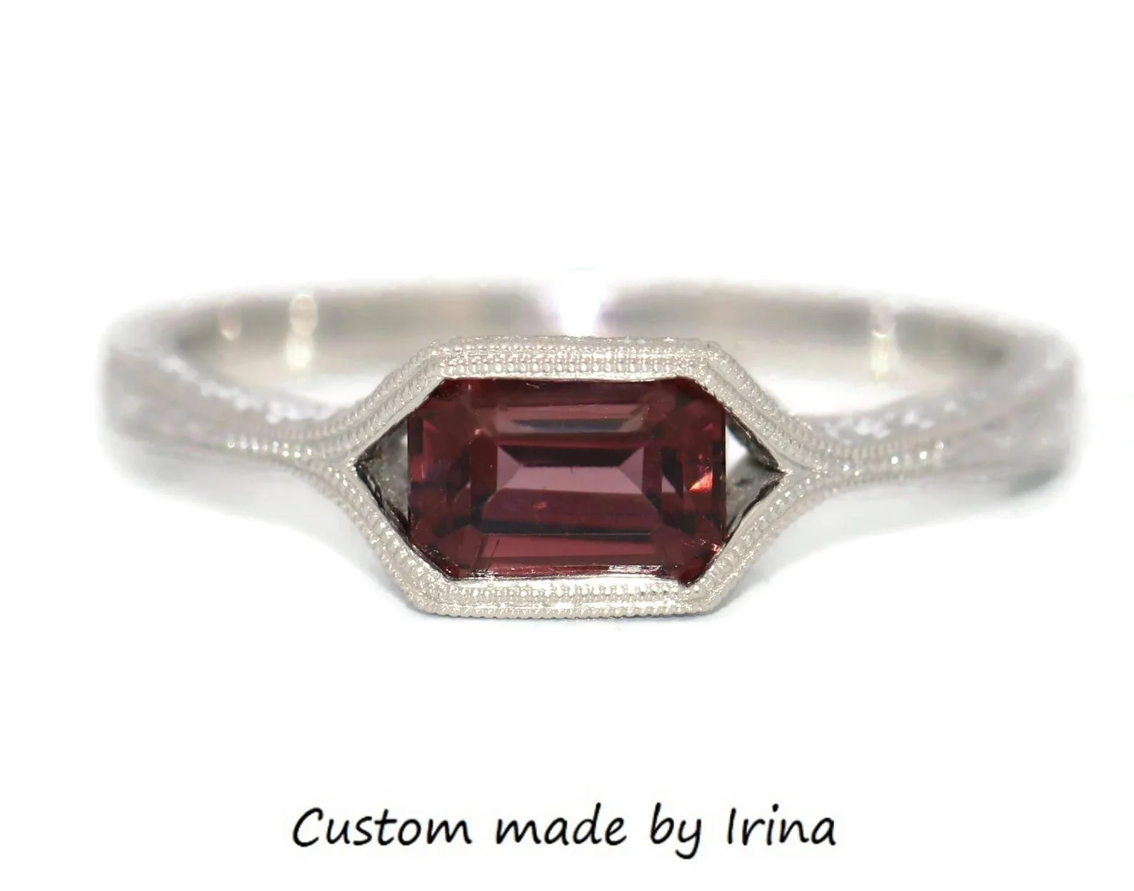 Hand Engraved Half Bezel East West 10k Solid Gold Custom Ring