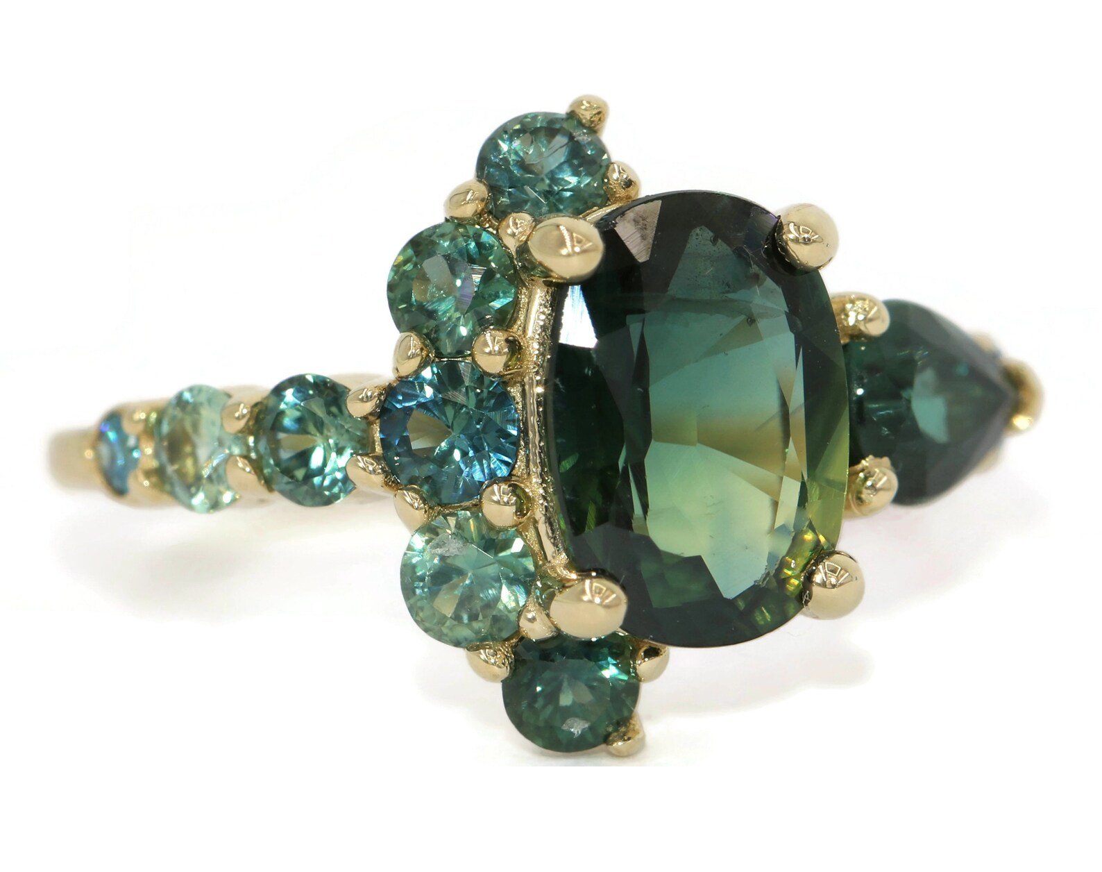 2 ct Blue Green Half Moon Crescent Ombre Cluster Engagement Ring