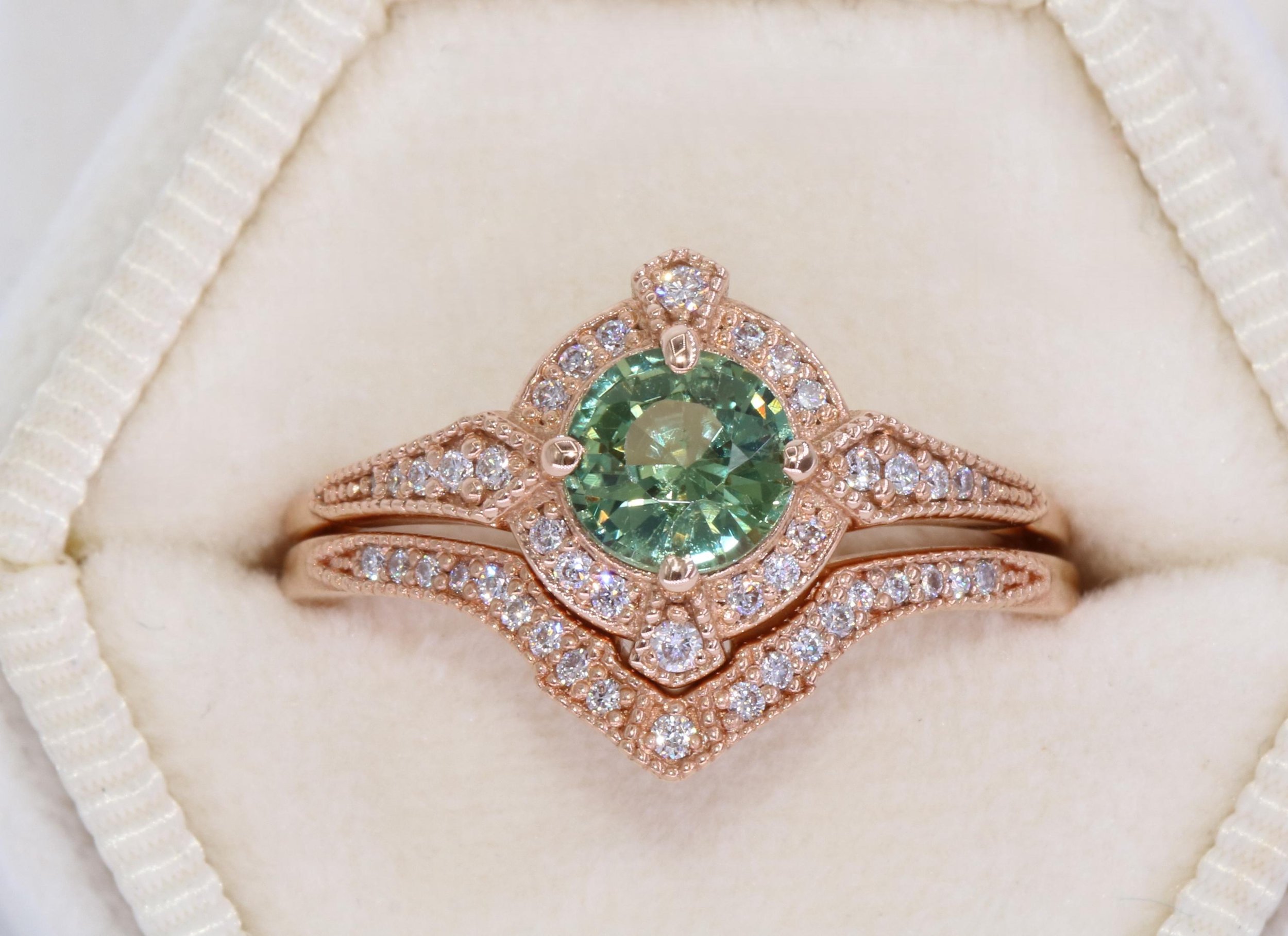 Low Profile Edwardian Style Inspired Green Natural Sapphire Ring