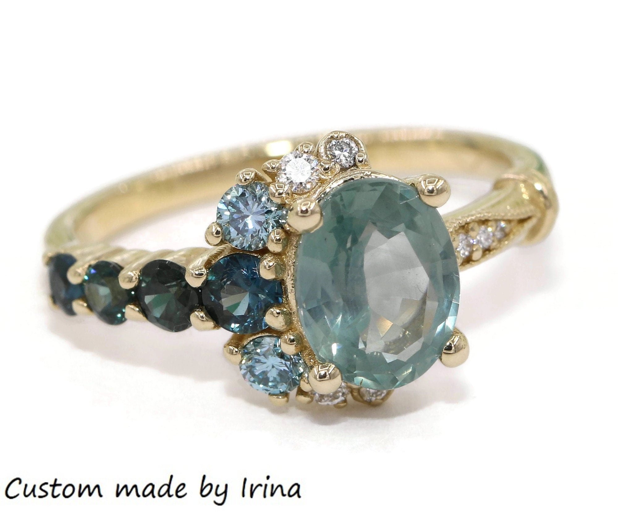 Ombre Blue Green Sapphire Cluster Engagement Ring Setting Only