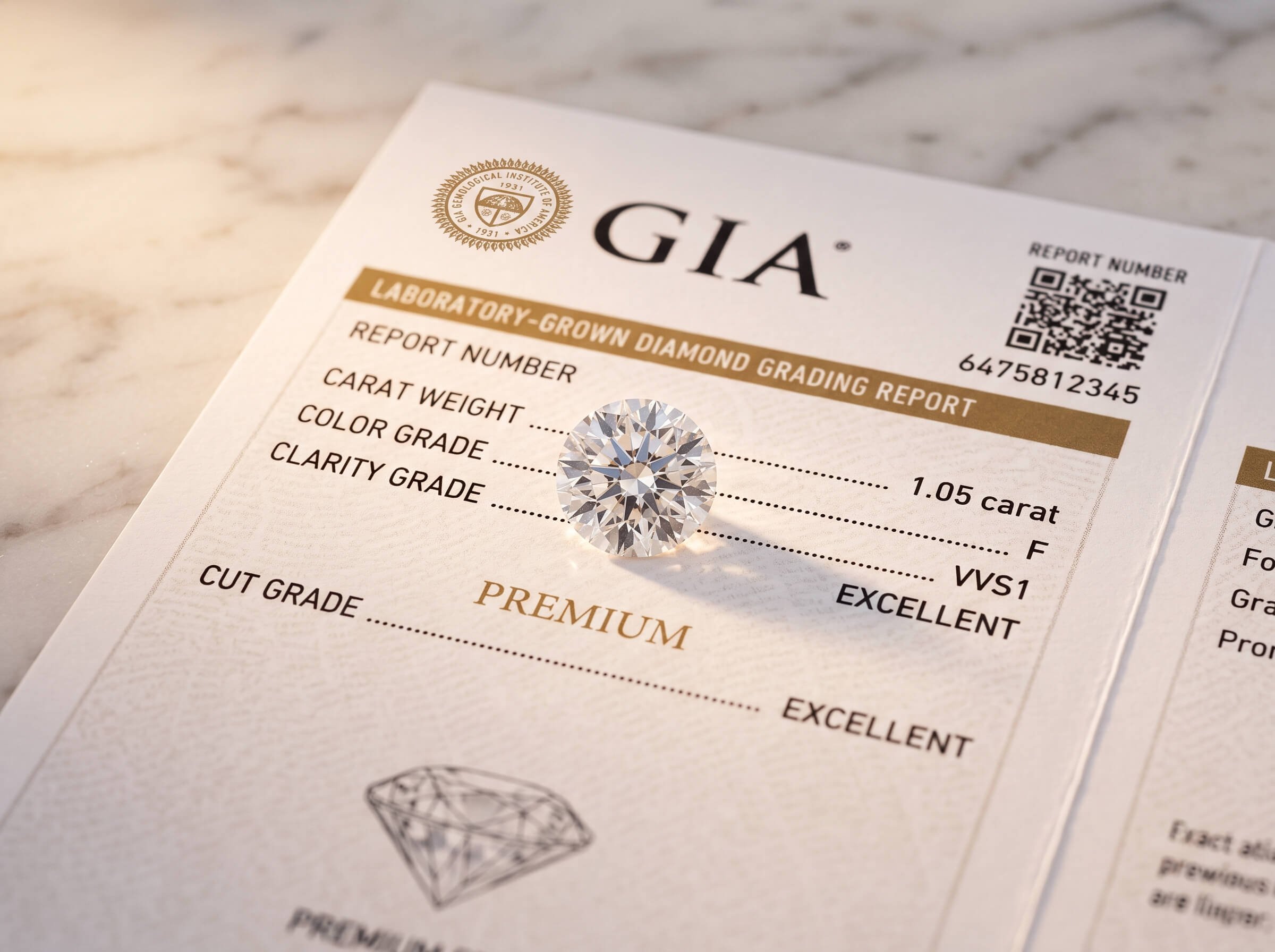 A round brilliant lab-grown diamond resting on a GIA grading report showing Premium tier grades: 1.05 carat, F color, VVS1 clarity, Excellent cut.