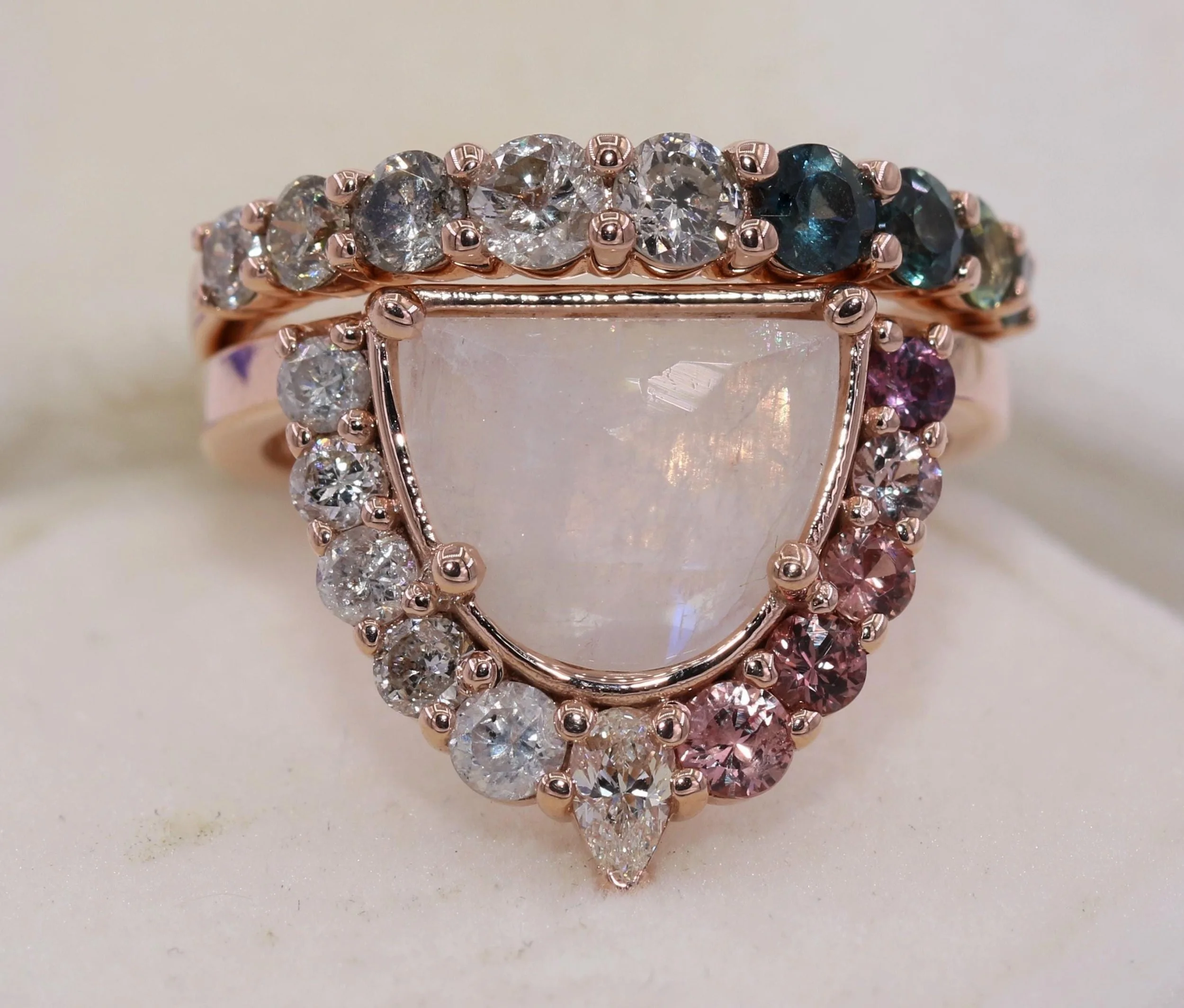 Rose Cut Moonstone Ombre Cluster Engagement and Wedding Rings Set 14k Solid Gold