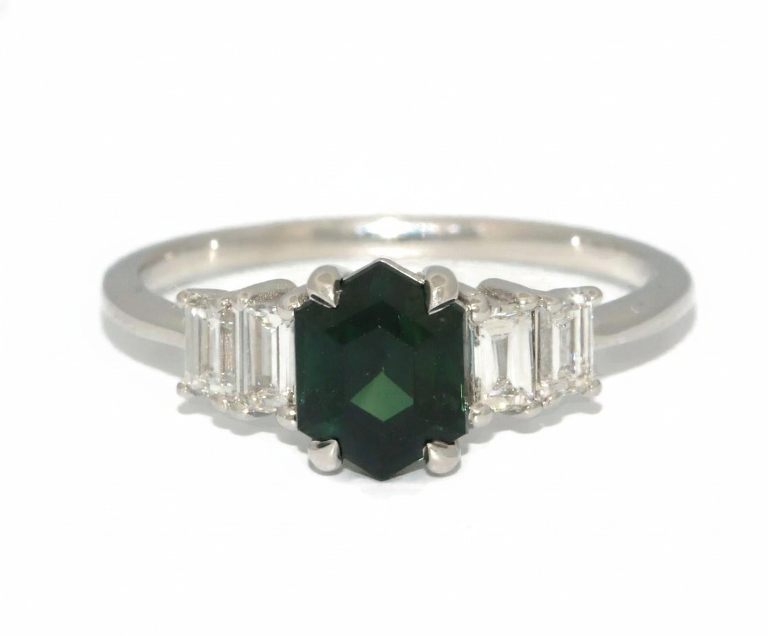 1 ct Hexagon Forest Green Natural Sapphire Engagement Ring