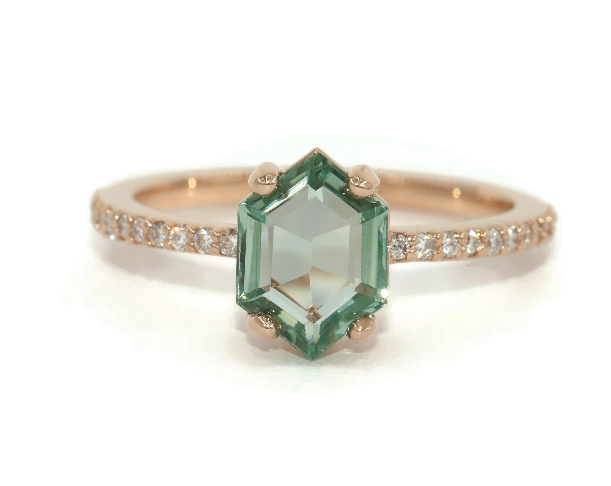 1.3 ct Hexagon Teal Green Natural Sapphire Engagement Ring with Pave Diamond Shank