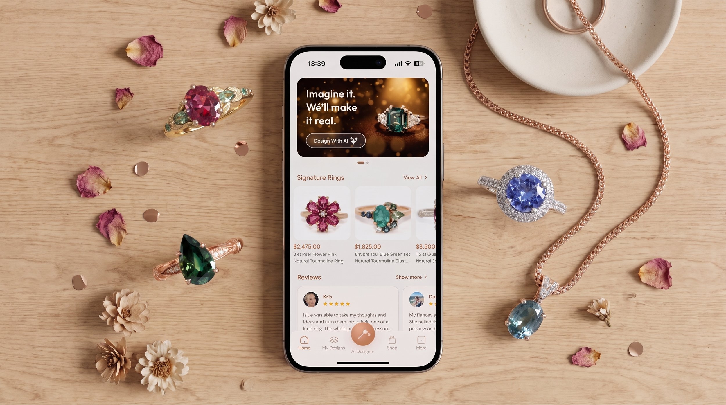 A phone showing a jewelry app's home screen with an AI ring design feature and rings for sale