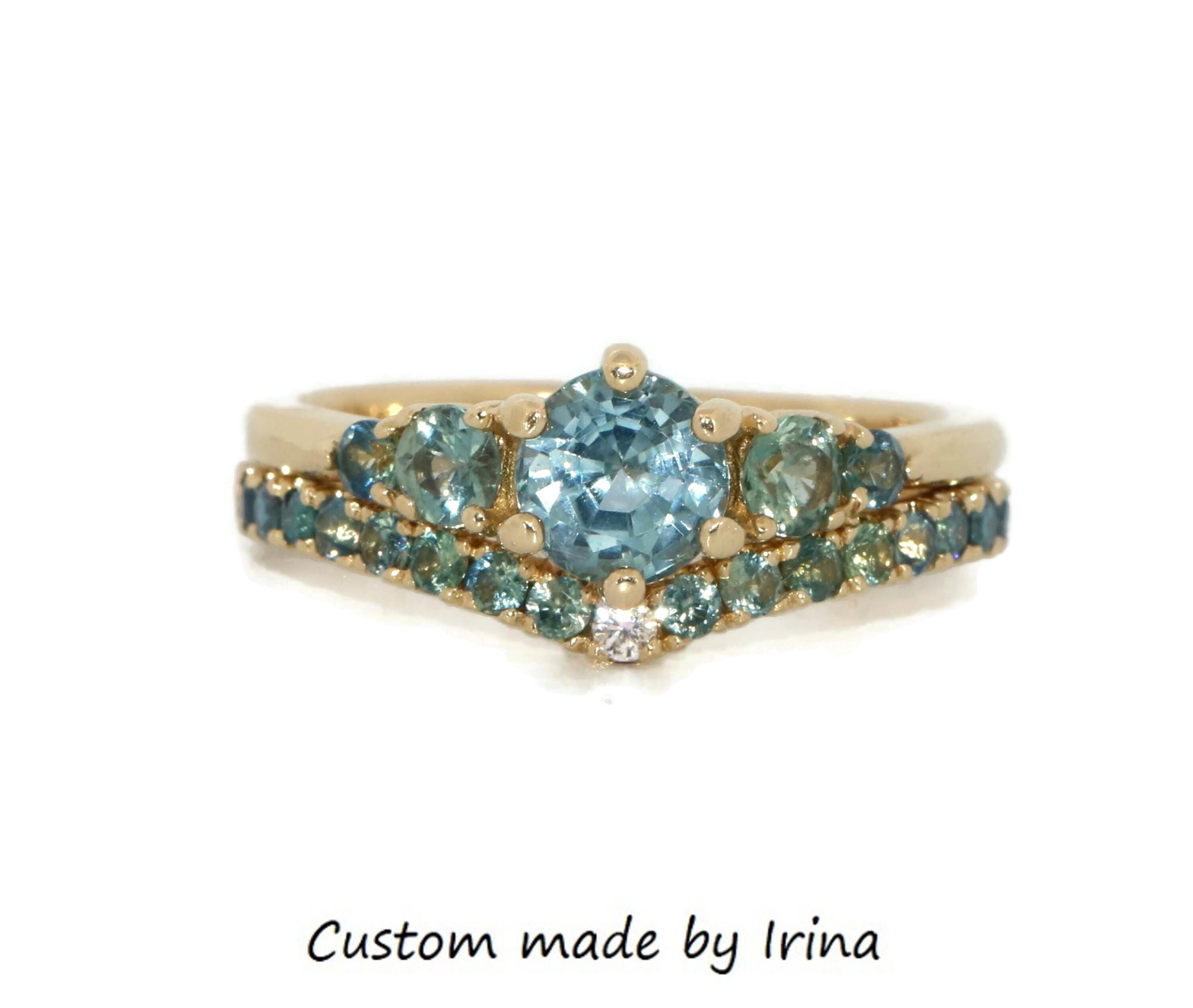 5 Stone Teal Blue Green Natural Sapphire Stones Cluster Ring