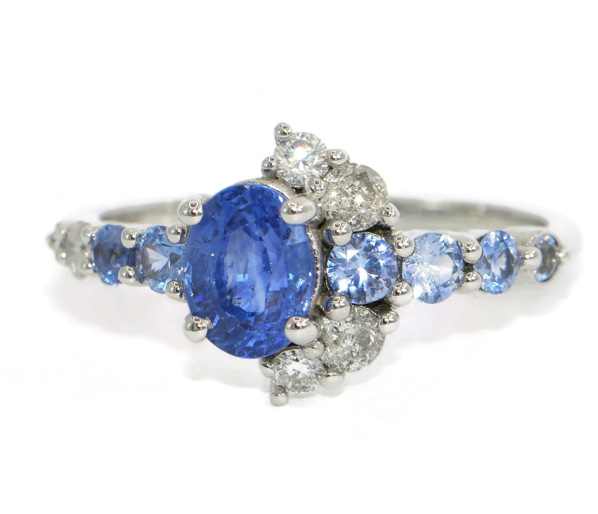 1.2 ct Oval Natural Sapphire Ombre Half Moon Cluster Crescent Halo Ring