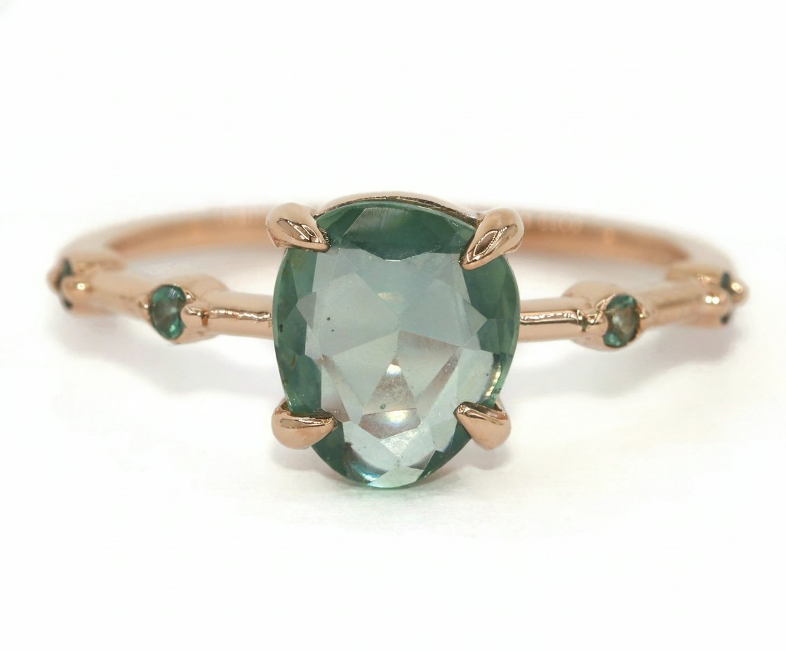 Teal Green Unheated Natural Montana Sapphire and Alexandrite 5 Stone Flush Ring