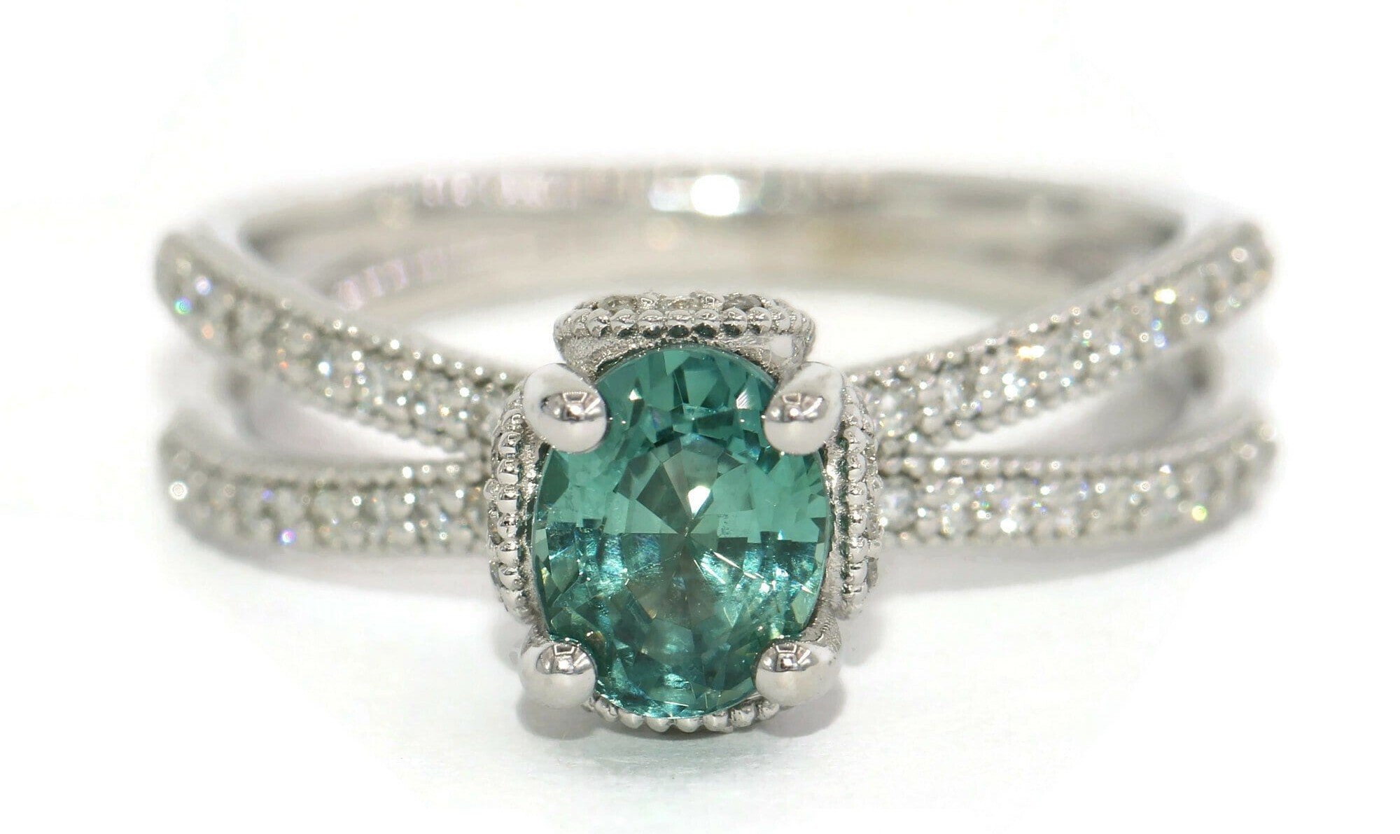 Teal Blue Green GIA Certified Sapphire Engagement Ring with Split Diamond Shank