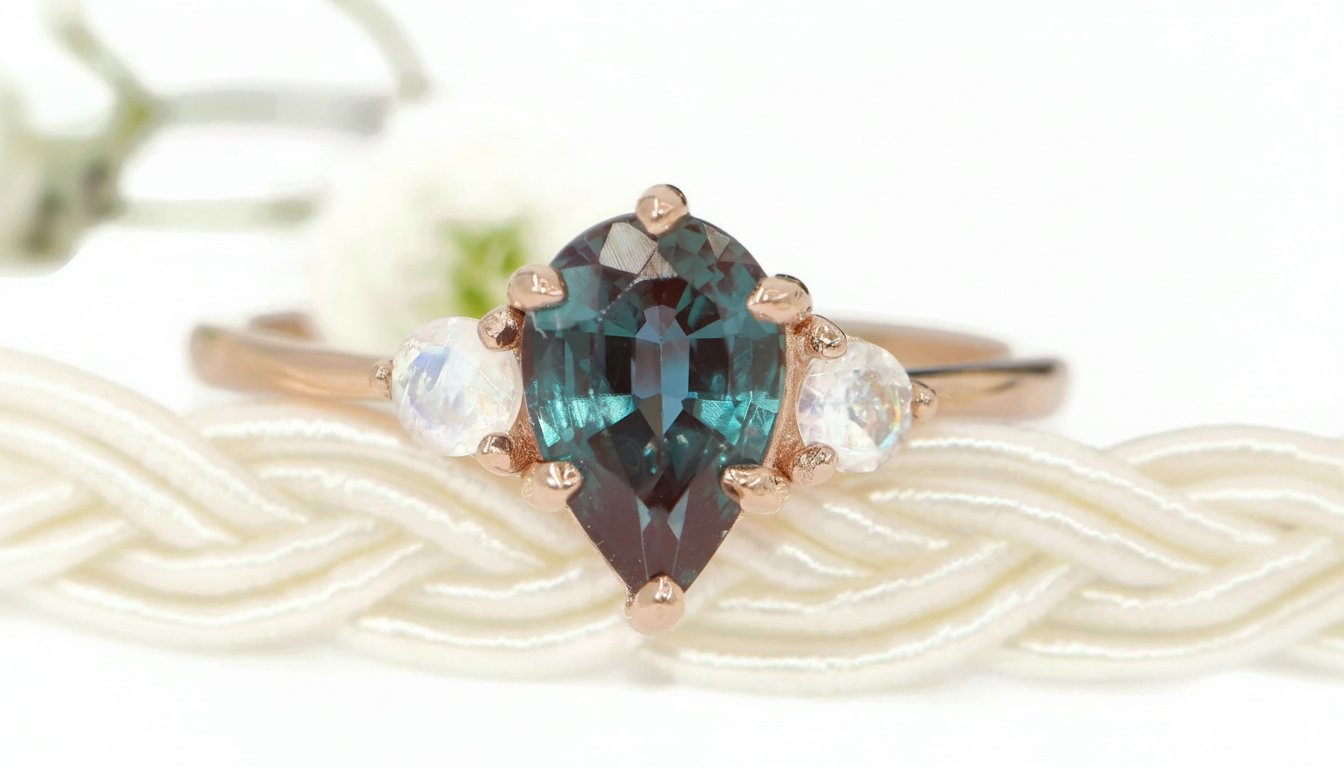 1.2 ct Pear Color Change Lab Alexandrite Three Stone Ring with Moonstone Side Gemstones