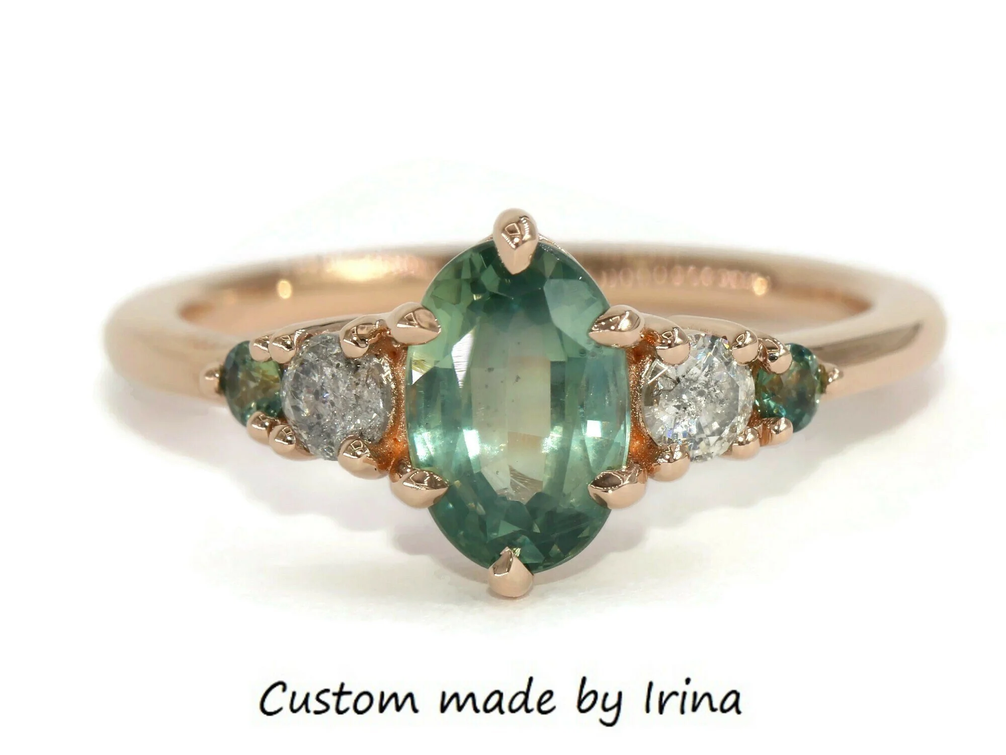 2 ct Teal Green Natural Sapphire Five Stone Engagement Ring with Side Gray Natural Diamonds 14k Solid Gold