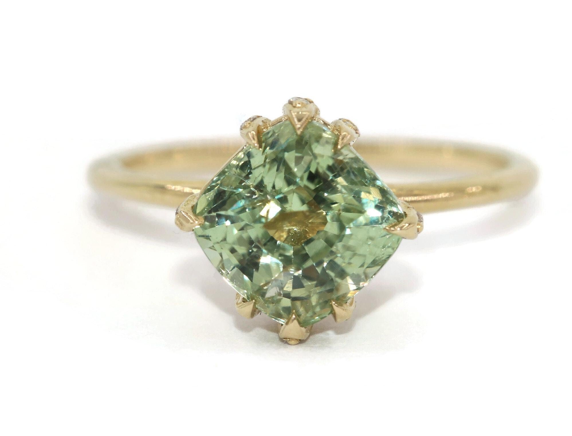 3 ct Pastel Teal Green Sapphire Ring With 8 Claw Diamond Prongs