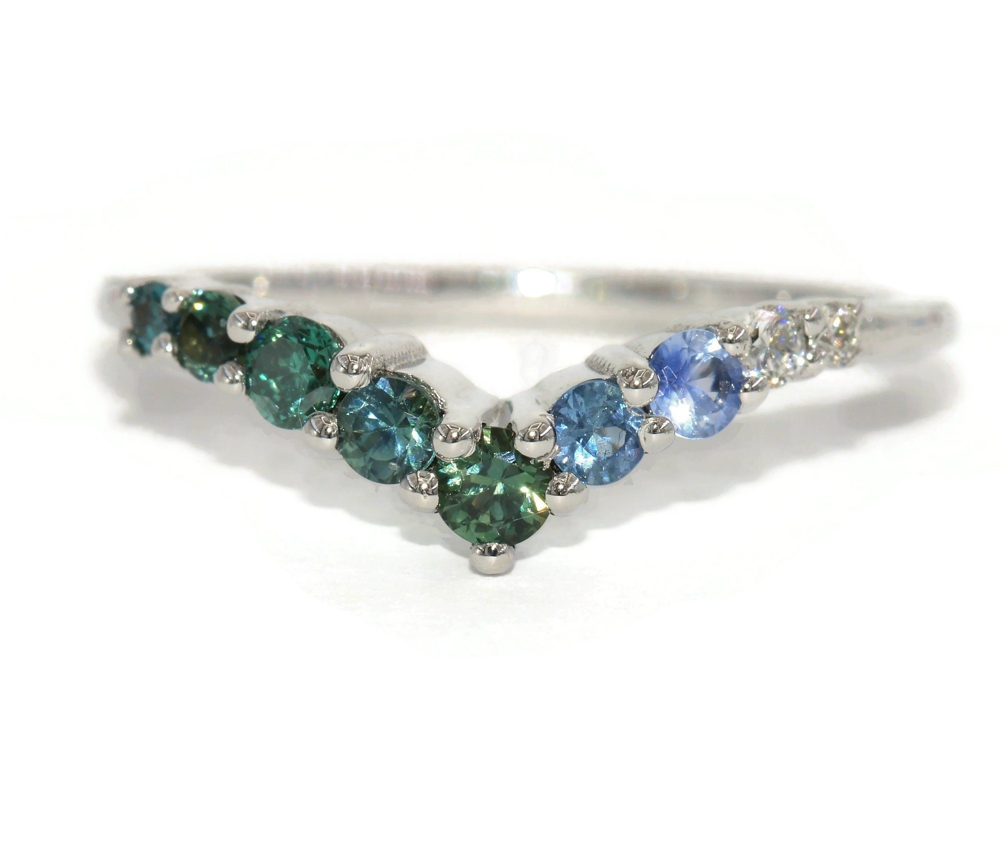 Custom Made Blue Green Ombre Cluster V Shape Wedding Band