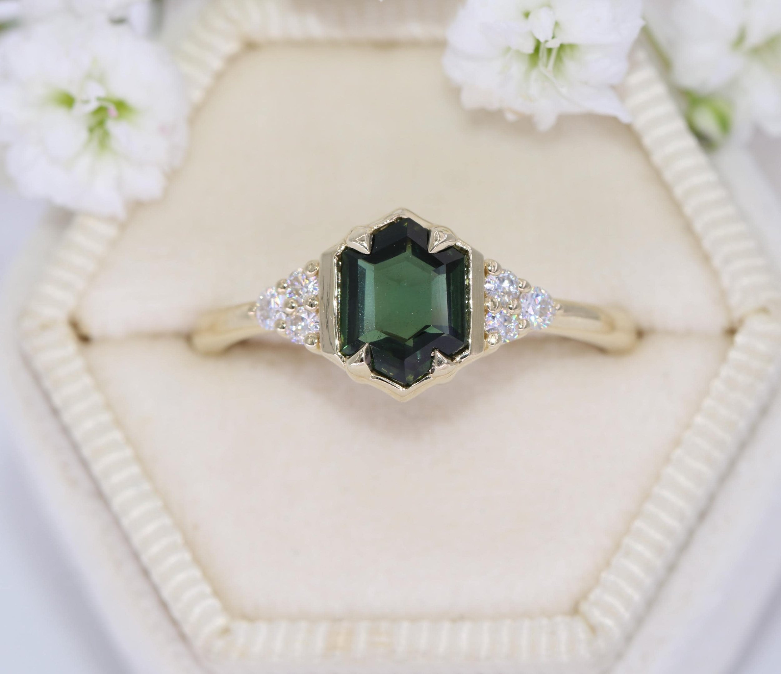 1 carat Hexagon Green Natural Sapphire and Diamonds Engagement Ring