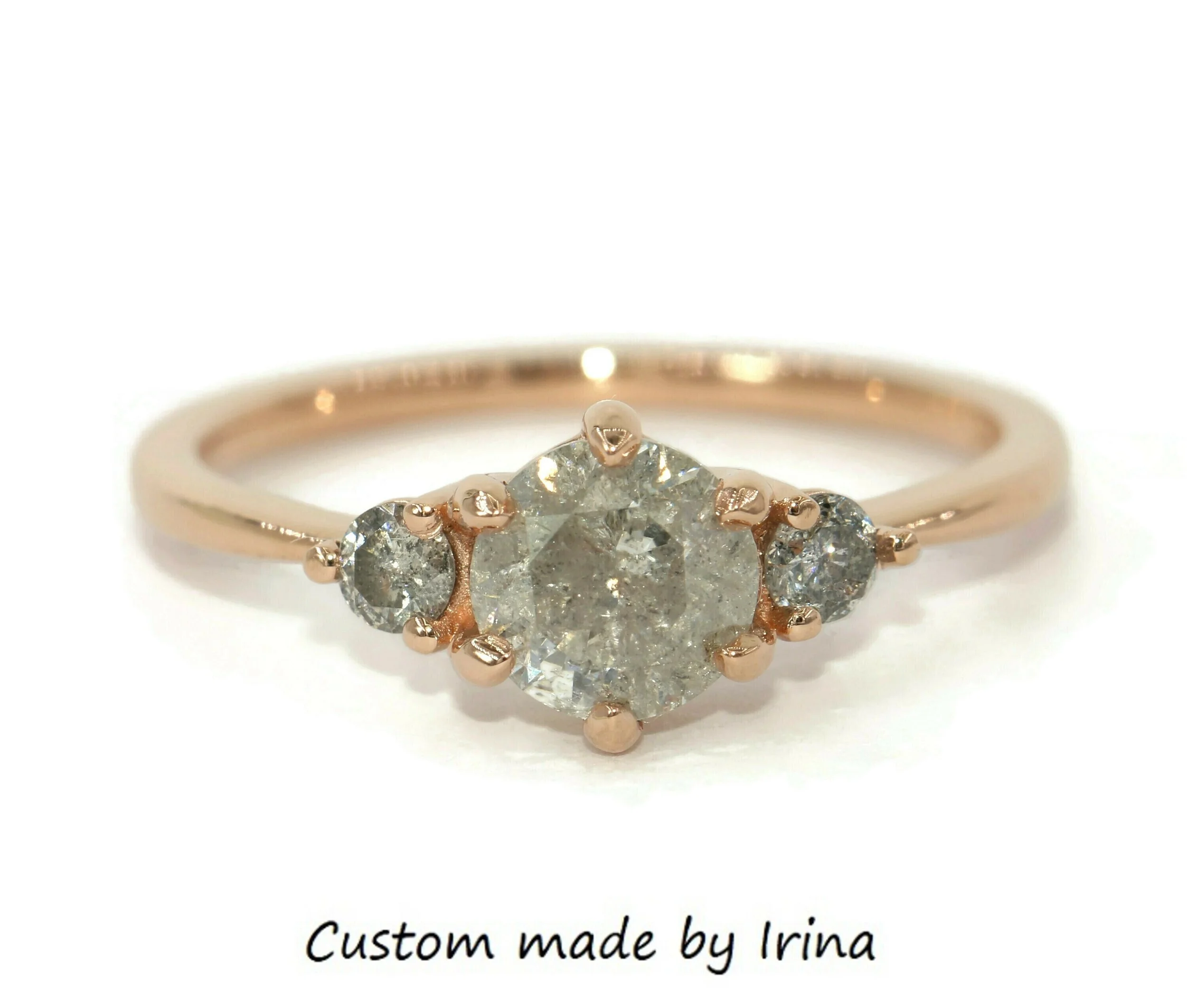 1 ct Salt and Pepper Gray Natural Diamond Three Stone Ring 14k Rose Gold Ready to Ship