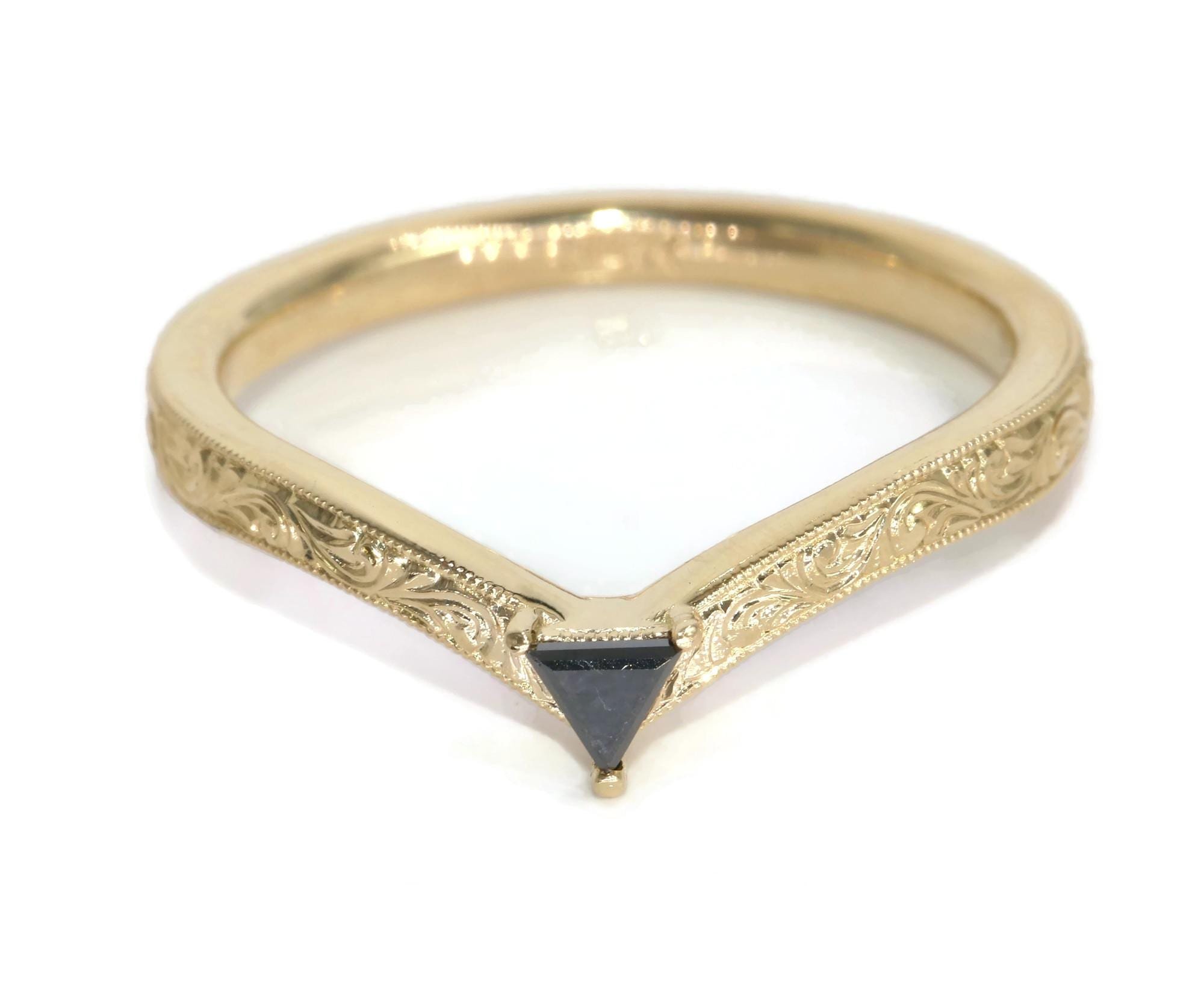 Hand Engraved Trillion Black Natural Diamond Flair Ring