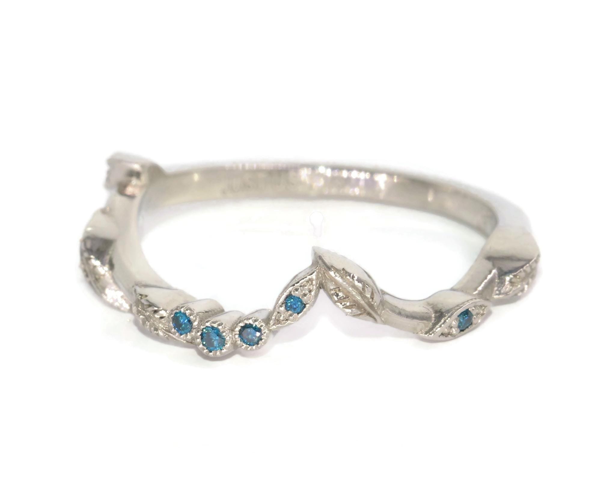 Custom-made Engraved Leaves Intricate Wedding Ring with Natural Teal Blue Diamonds