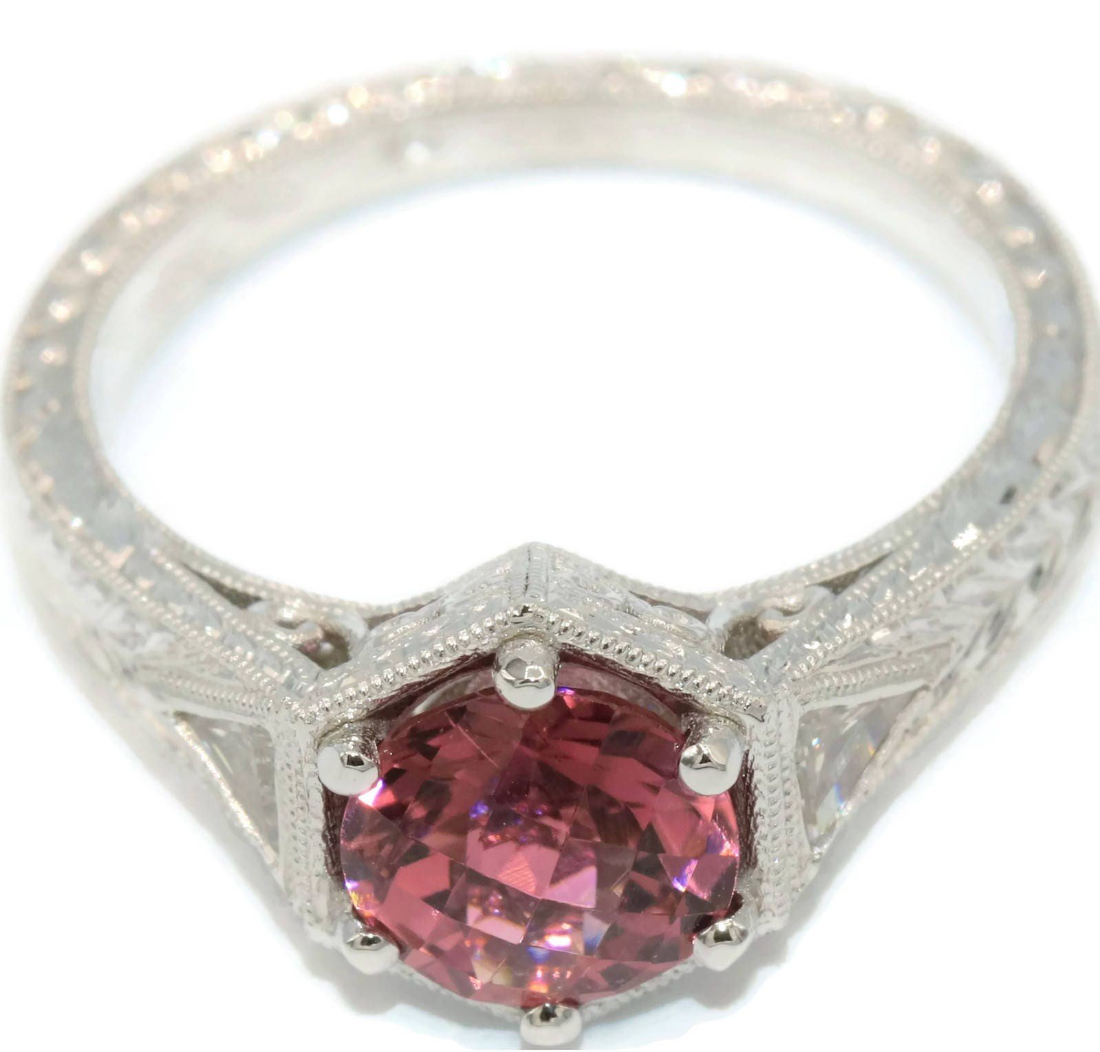 Hand Engraved 1.5 ct Pink Natural Tourmaline Vintage Inspired Engagement Ring