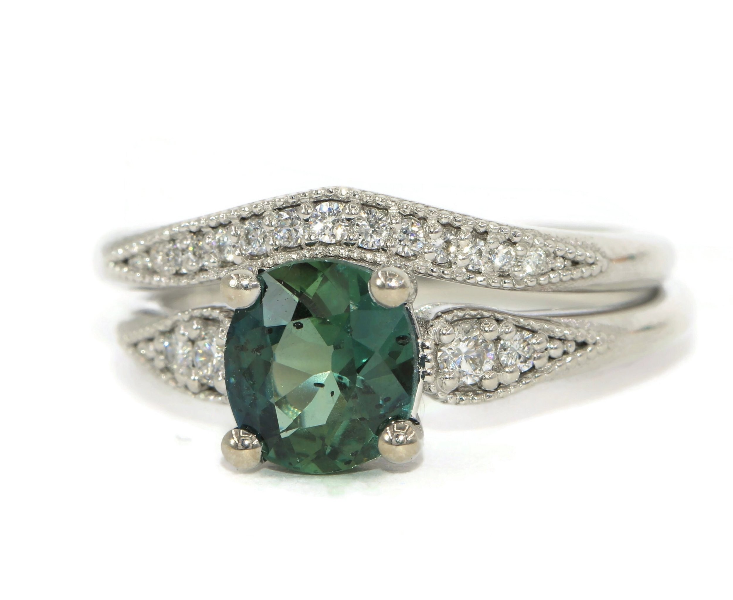 2 ct Blue Green Natural Sapphire Engagement and Wedding Rings Set