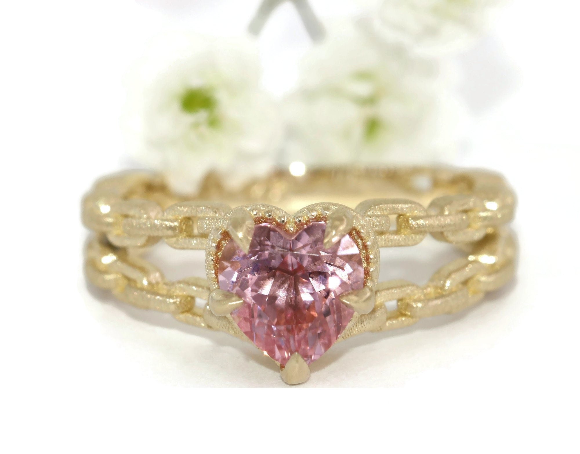 1 ct Pink Diamond Heart Chain Statement Ring Satin Finish