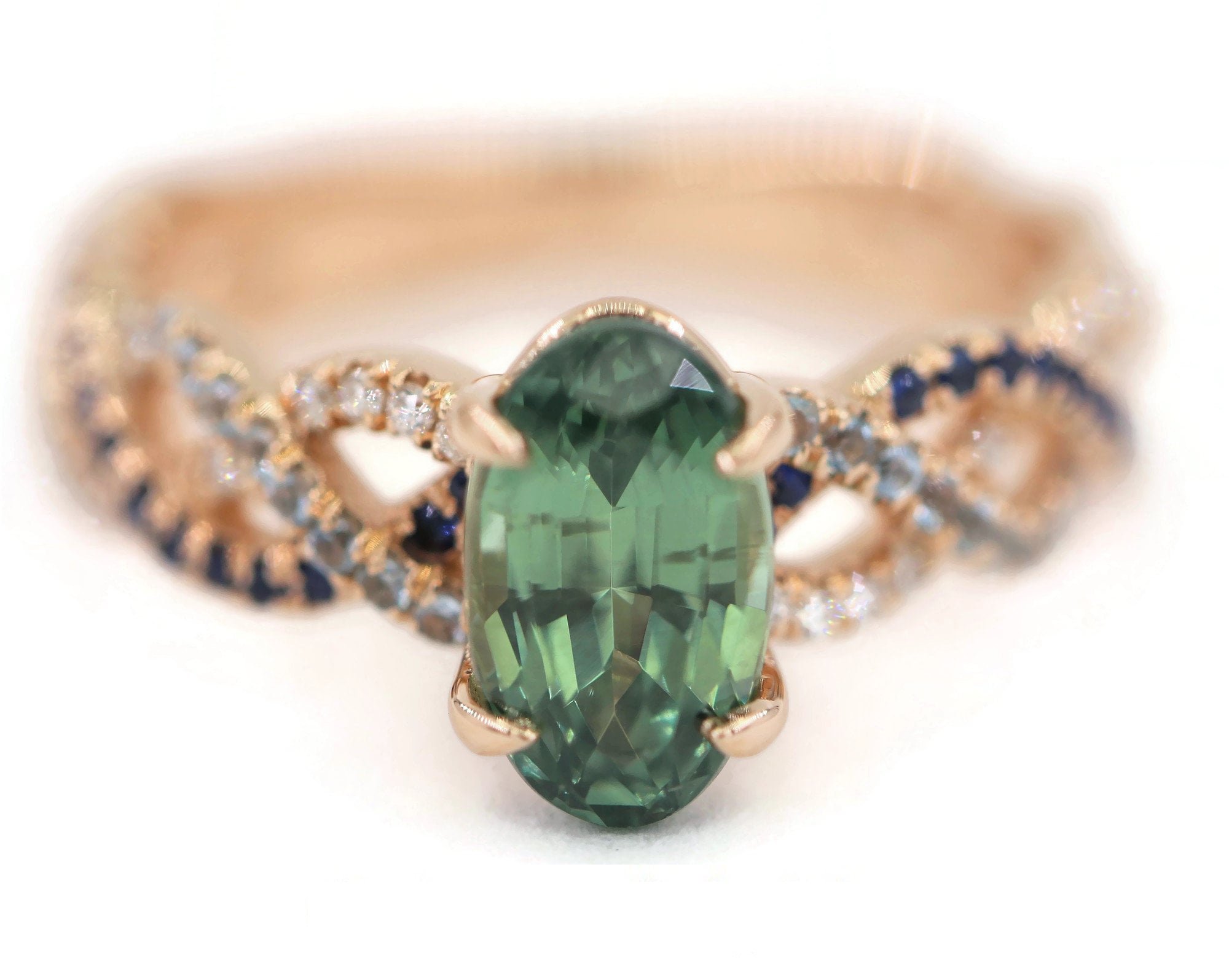 2 ct Teal Blue Green Oval Natural Sapphire Engagement Ring with Pave Braid Shank