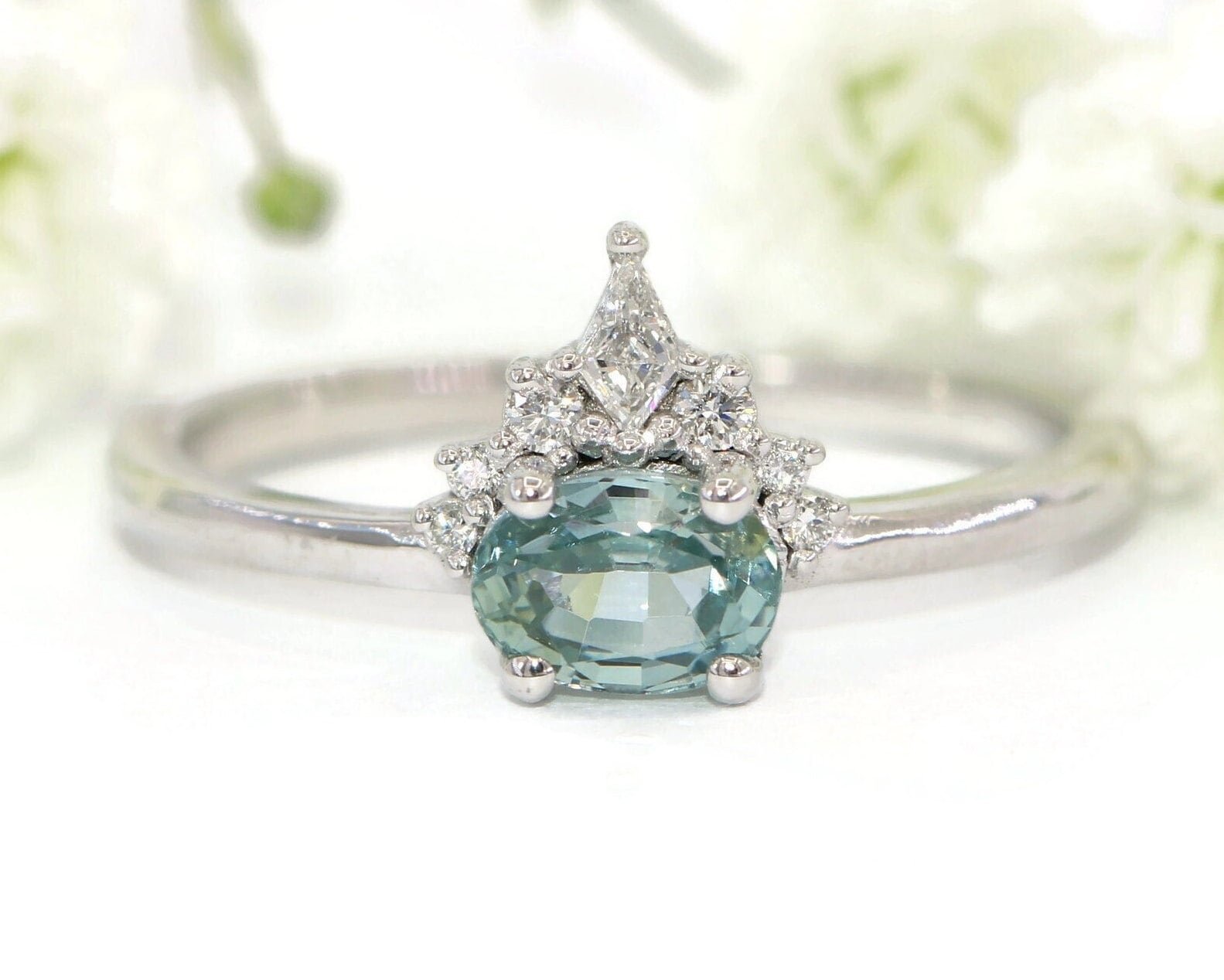 Kite Diamond Sunburst Pastel Blue Green Natural Montana Sapphire Engagement Ring