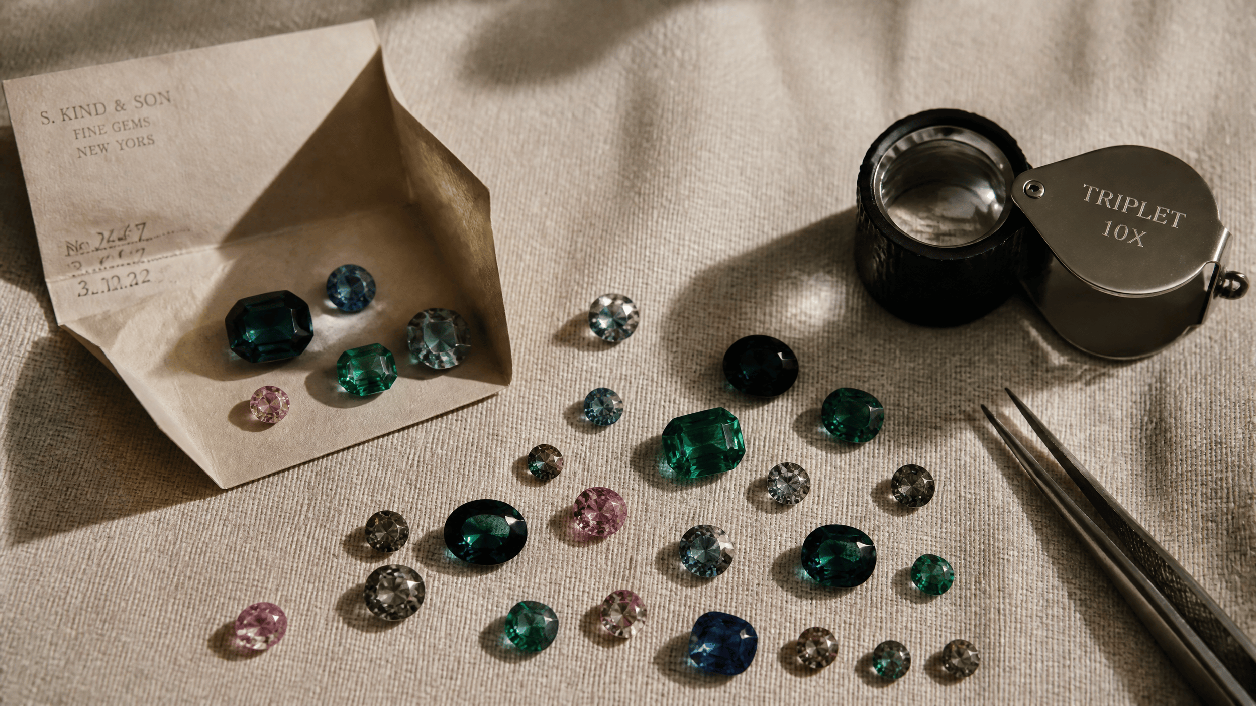 Loose gemstones in teal, green, pink, and grey scattered on a linen cloth, alongside a jeweler's loupe, tweezers, and a gemstone envelope from S. Kind & Son Fine Gems, New York.