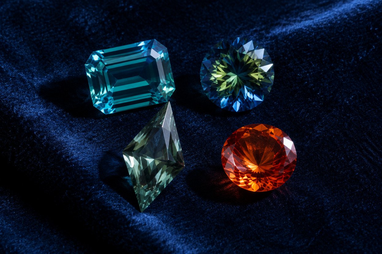 Four loose faceted gemstones in teal, green, blue-green, and orange arranged on dark blue velvet