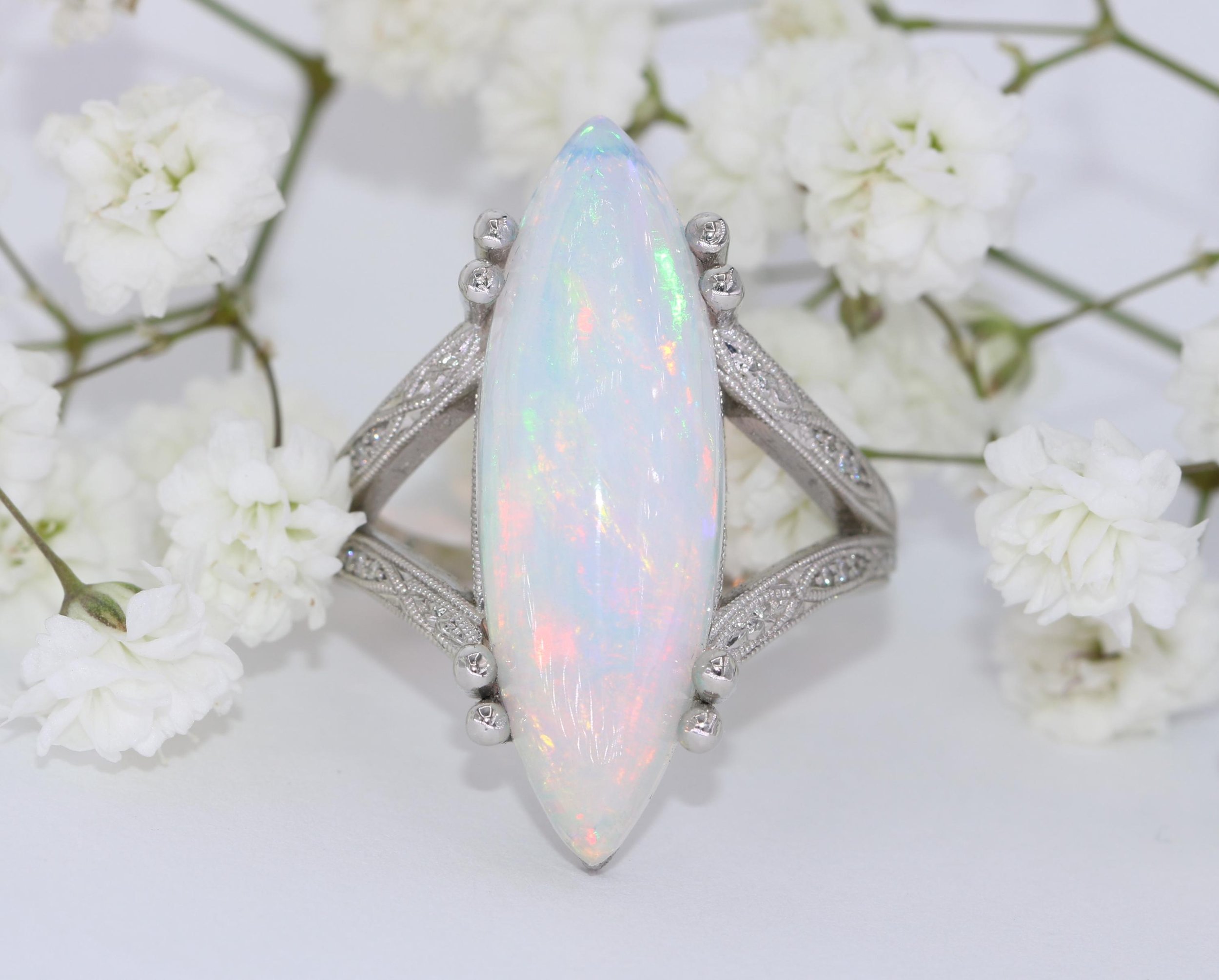 Hand Engraved Solid Platinum 10 carat Natural Opal and Diamond Ring