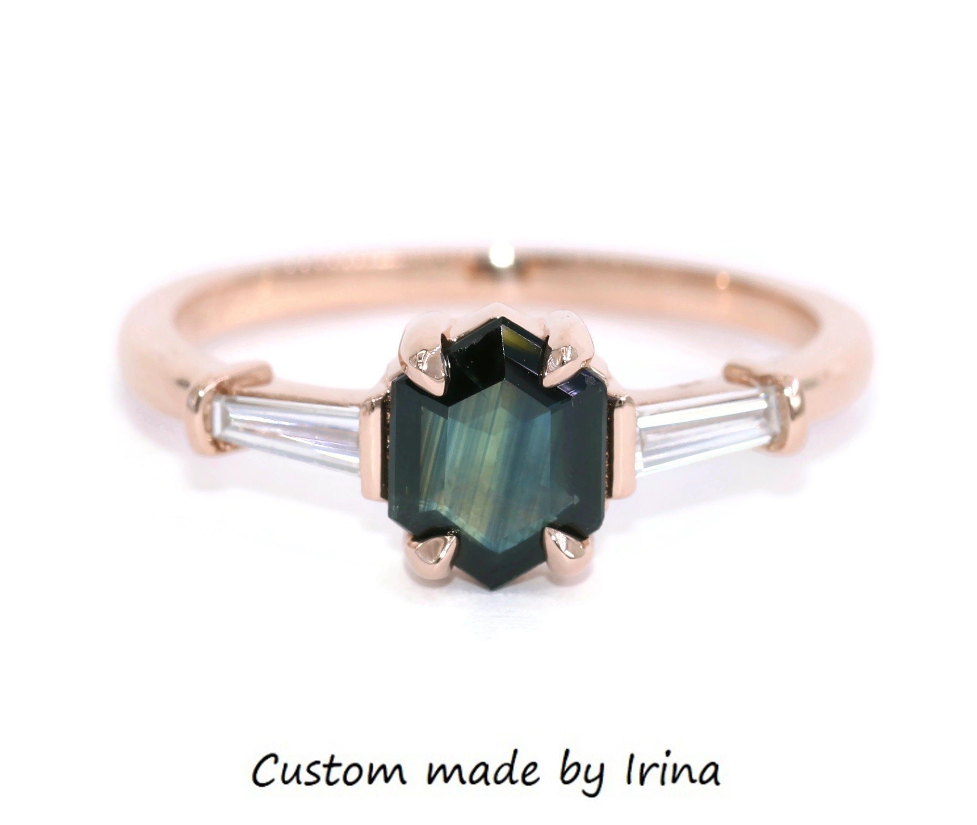 Hexagon Blue Green Natural Sapphire 3 Stone Baguette Diamond Ring 14k Rose Gold