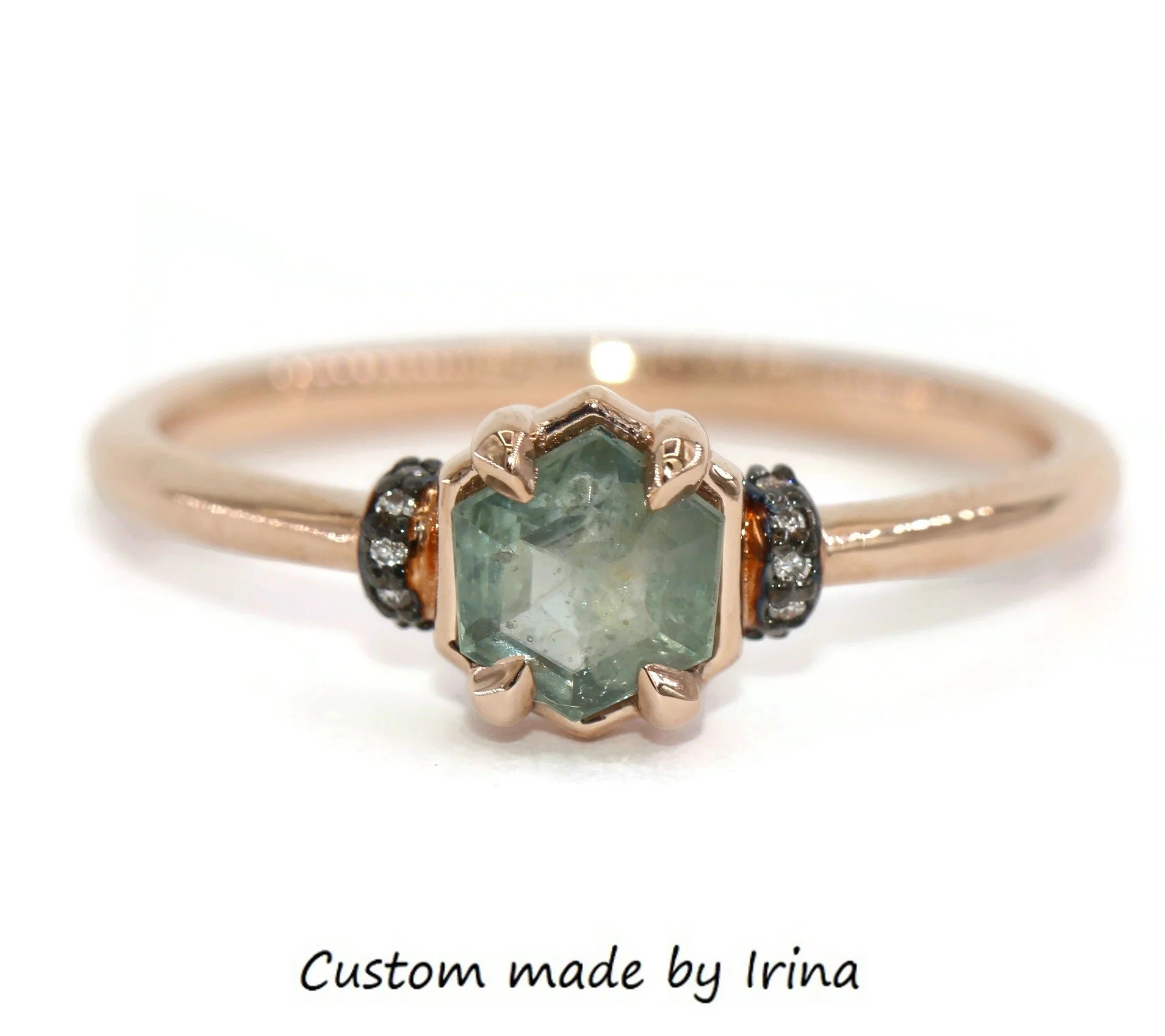 Hexagon Natural Montana Sapphire Engagement Ring 14k Solid Gold