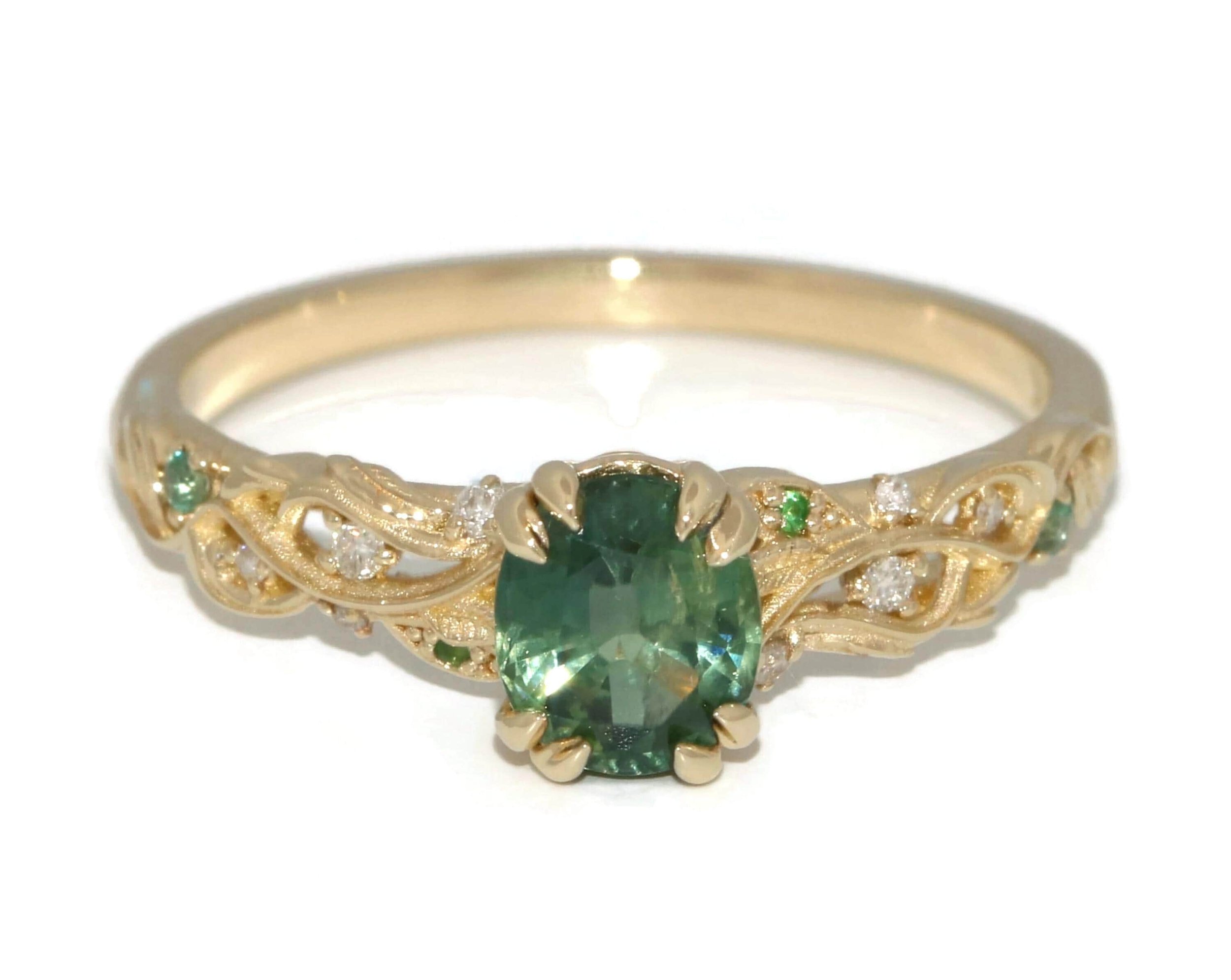 Lace Vine Leaf Scroll Pattern Oval Green Natural Sapphire Ring
