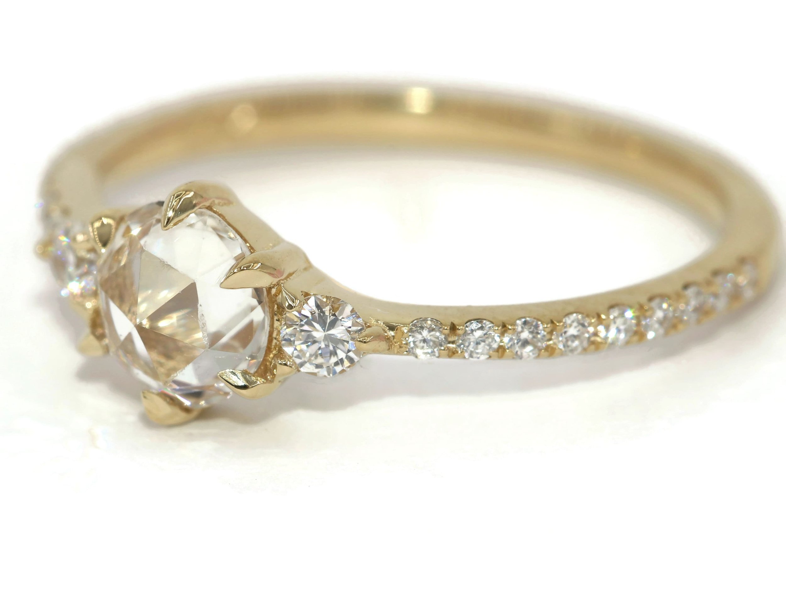 Rose Cut White Natural Sapphire and Diamond 3 Stone Engagement Ring