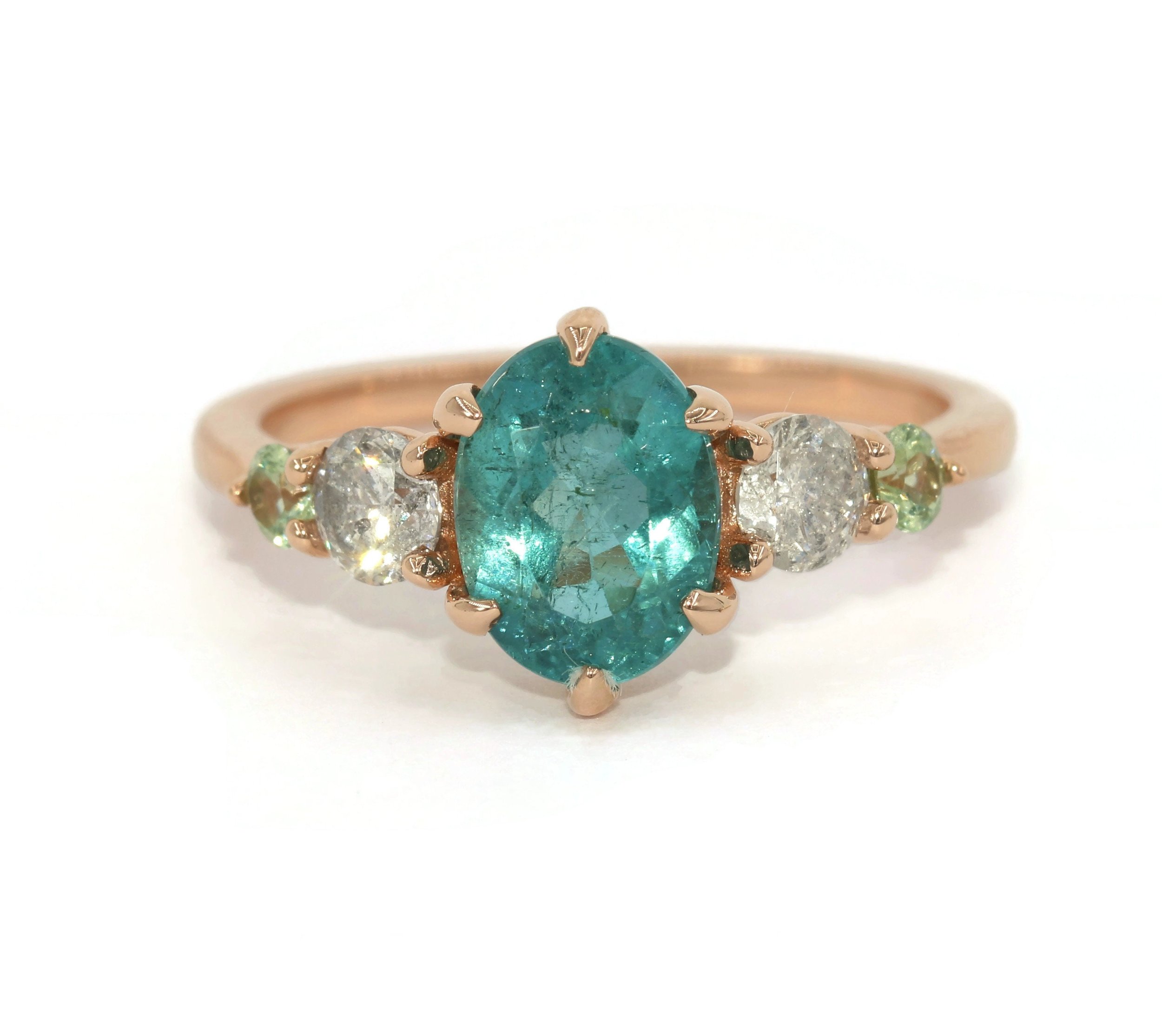 1.5 carat Teal Blue Green Oval Natural Tourmaline Custom Made 5 Stone Ring