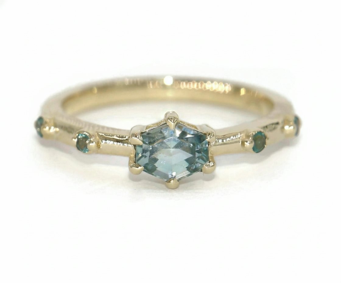 Custom Made Teal Blue Green Hexagon Natural Sapphire and Alexandrite 5 Stone Ring