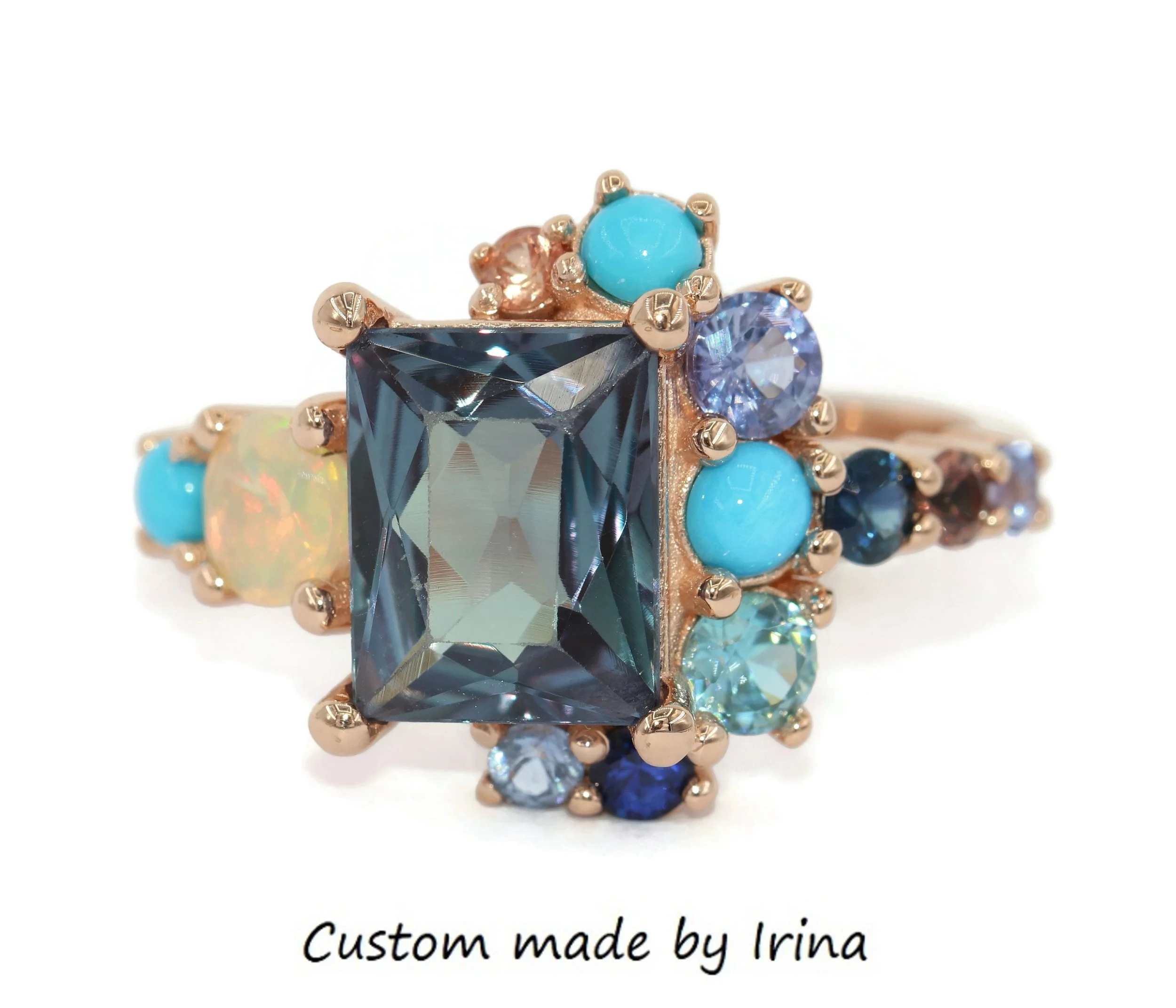 Custom Made Multi Gemstones Colorful Cluster Ring 14k Solid Gold