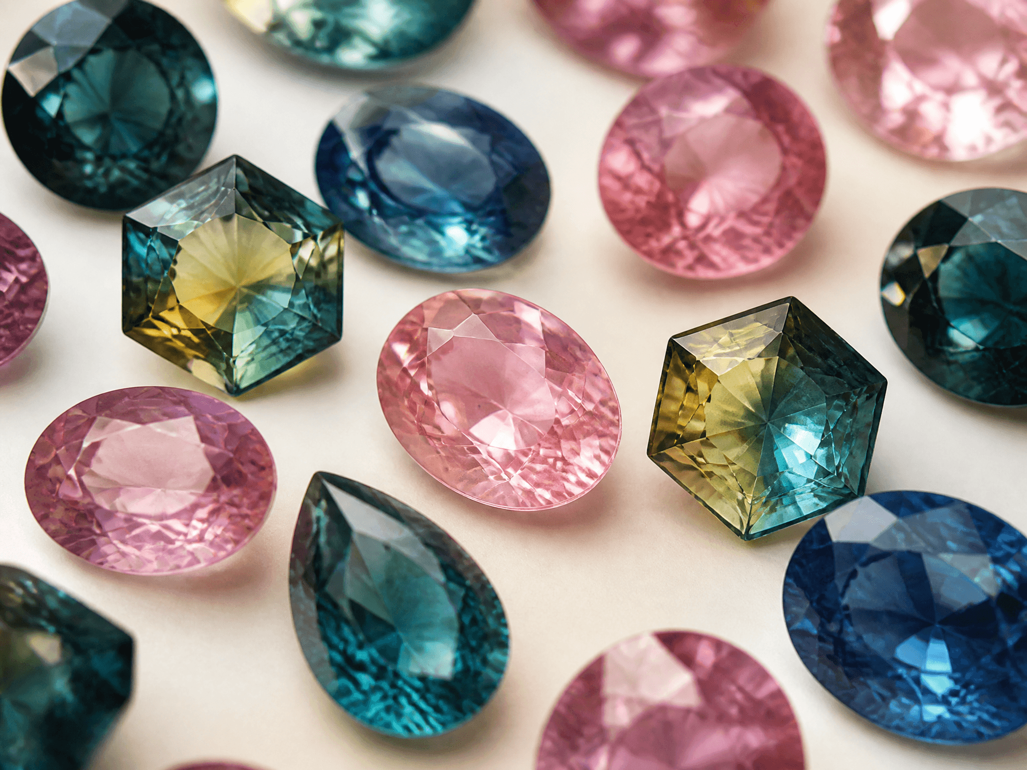 A collection of loose faceted gemstones in pink, blue, teal, and bi-color yellow-blue hues, in various cuts including oval, pear, and hexagonal.