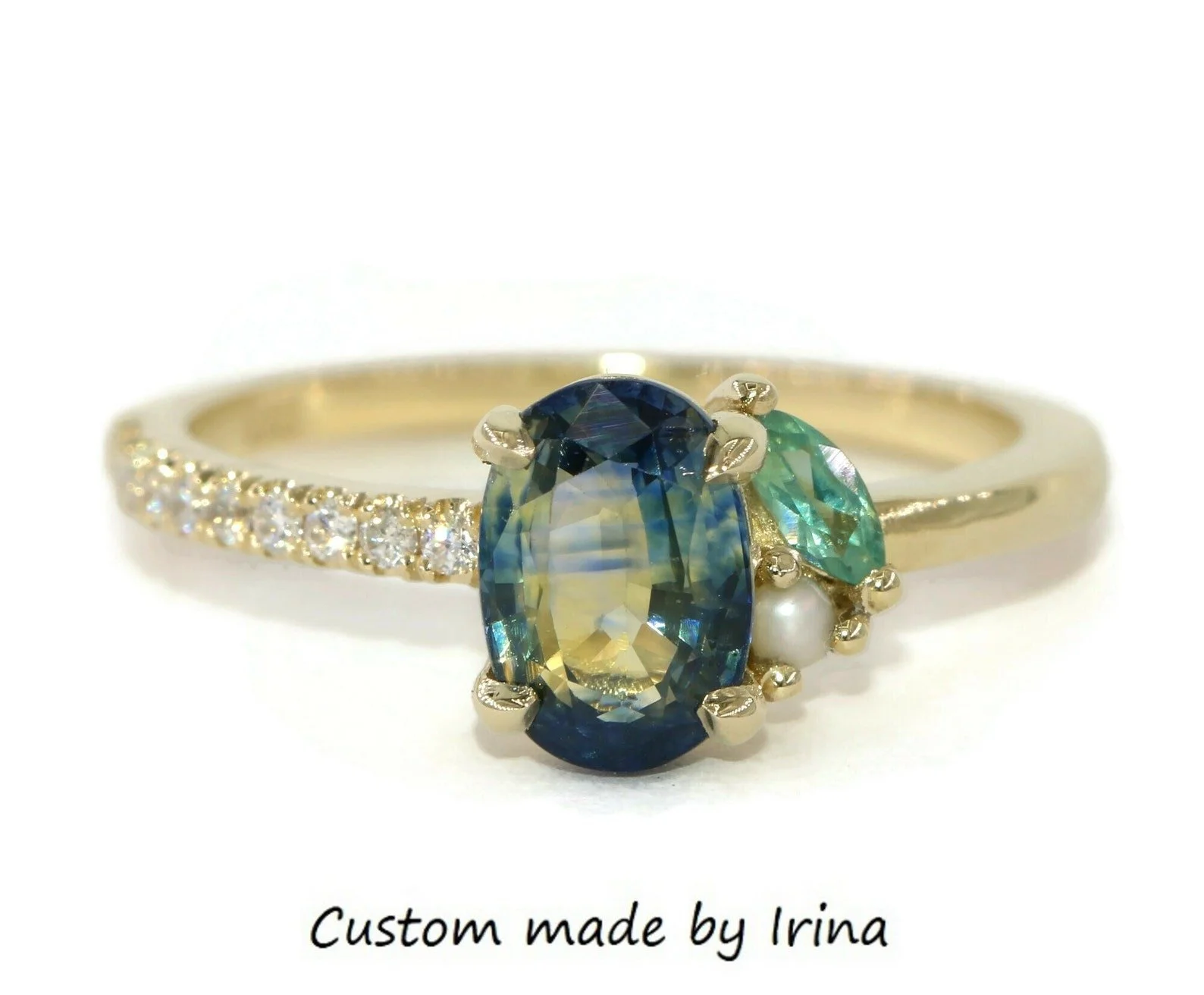 1.3 ct Blue Green Natural Sapphire + Alexandrite + Pearl Cluster Asymmetrical Engagement 14k Solid Gold Ring