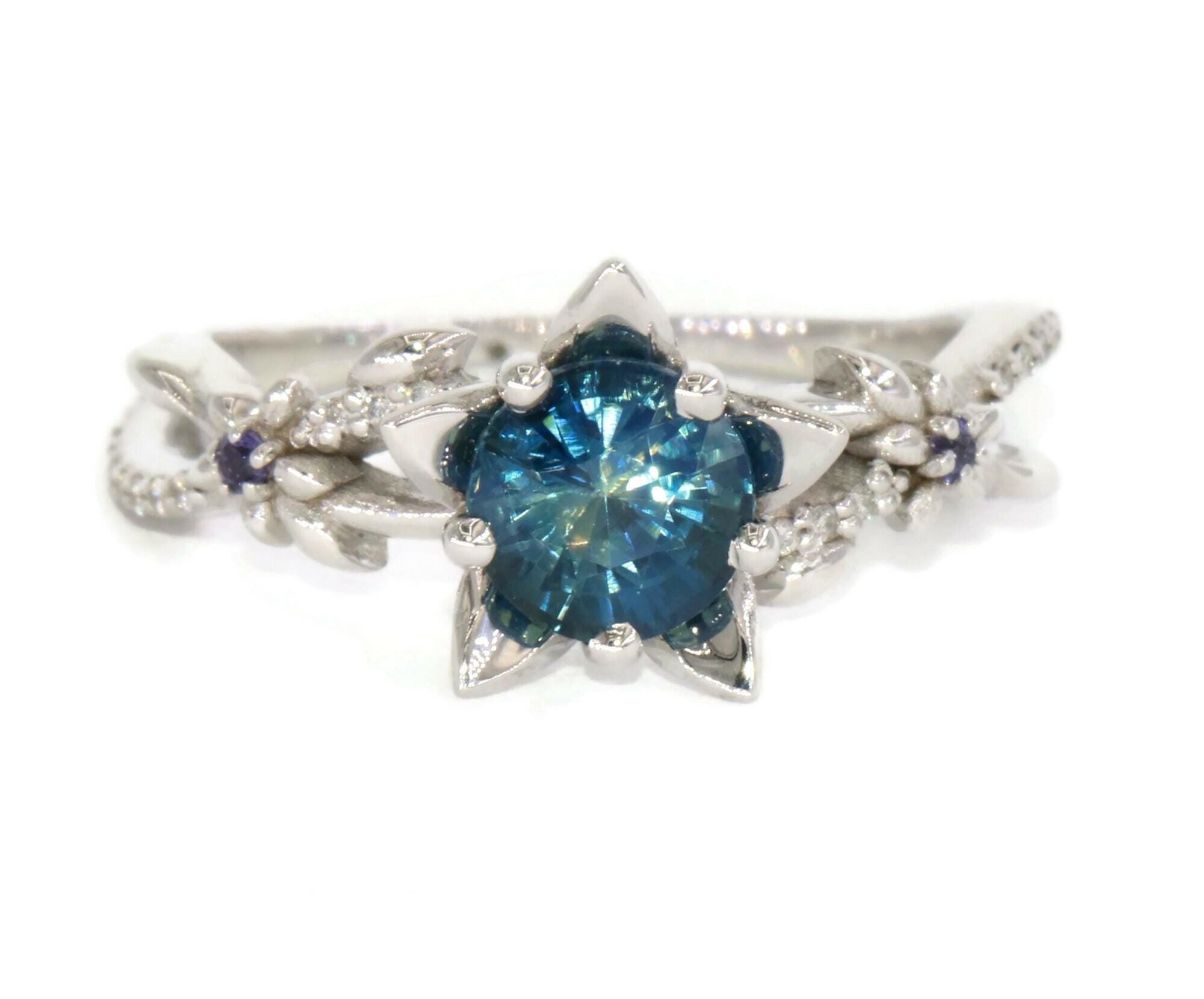 1 ct Teal Blue Green Natural Sapphire Flower Petals and Leaves Engagement Ring