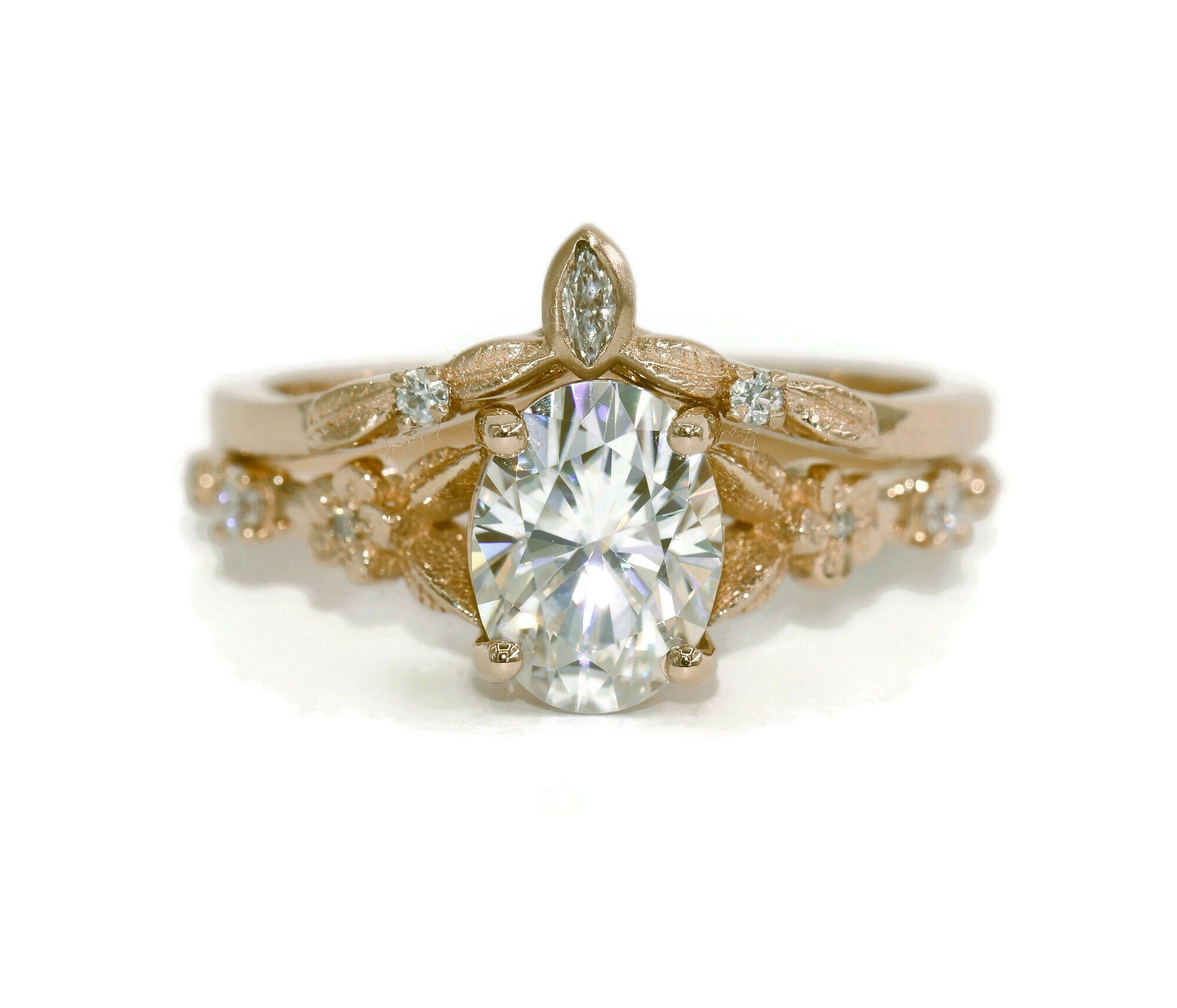 1.5 ct IGI Certified Oval Lab Diamond Flower Leaf Engagement Ring and Wedding Band