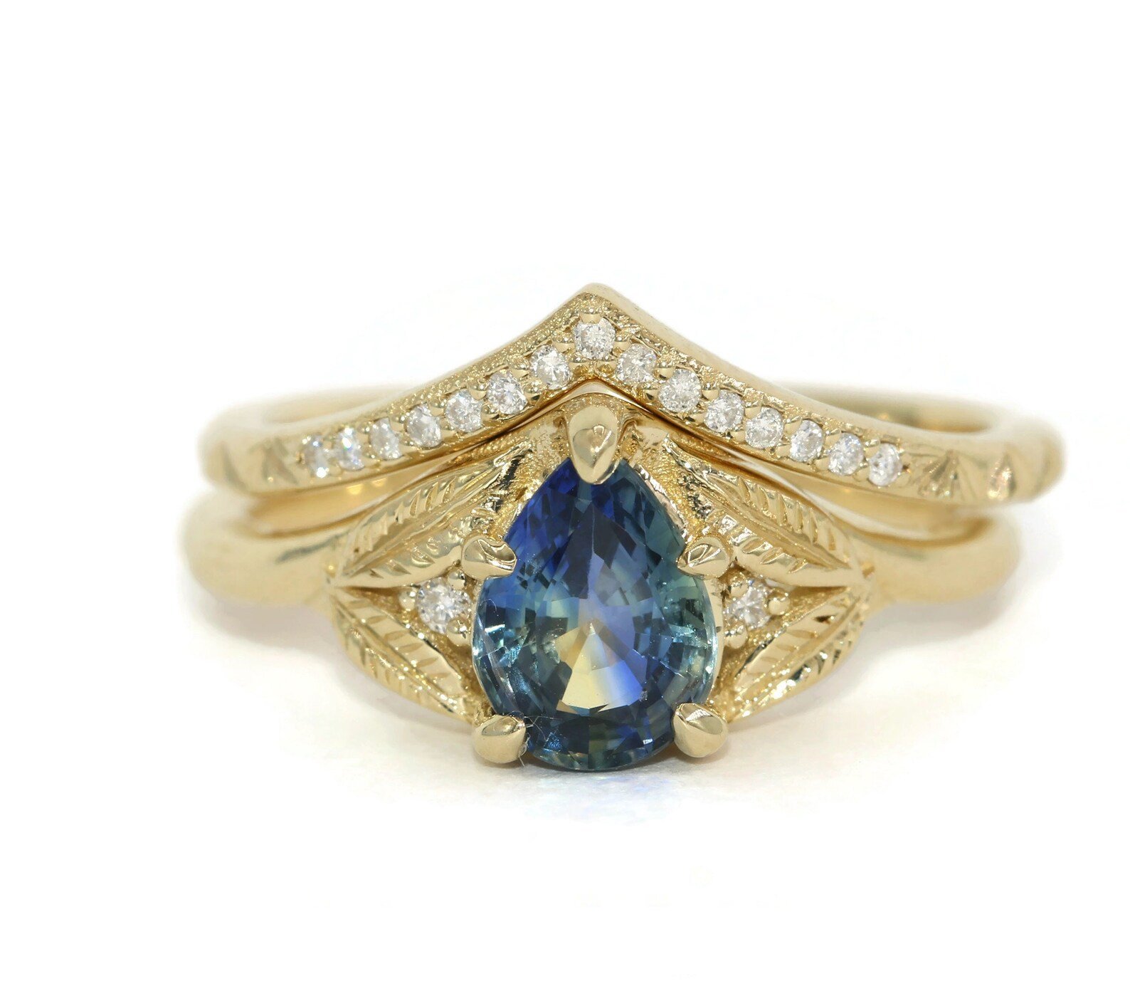 1 ct Pear Blue Yellow Sapphire Engagement Ring with Engraved Leaves and Diamonds