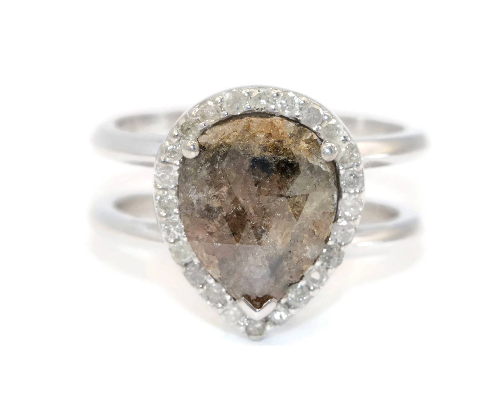 2 ct Teardrop Rose Cut Rustic Gray Diamond Cage Ring