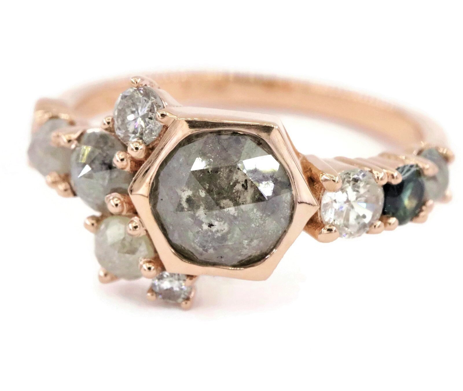 1.5 ct Hexagon Gray Rose Cut Rustic Diamond Cluster Ombre Ring