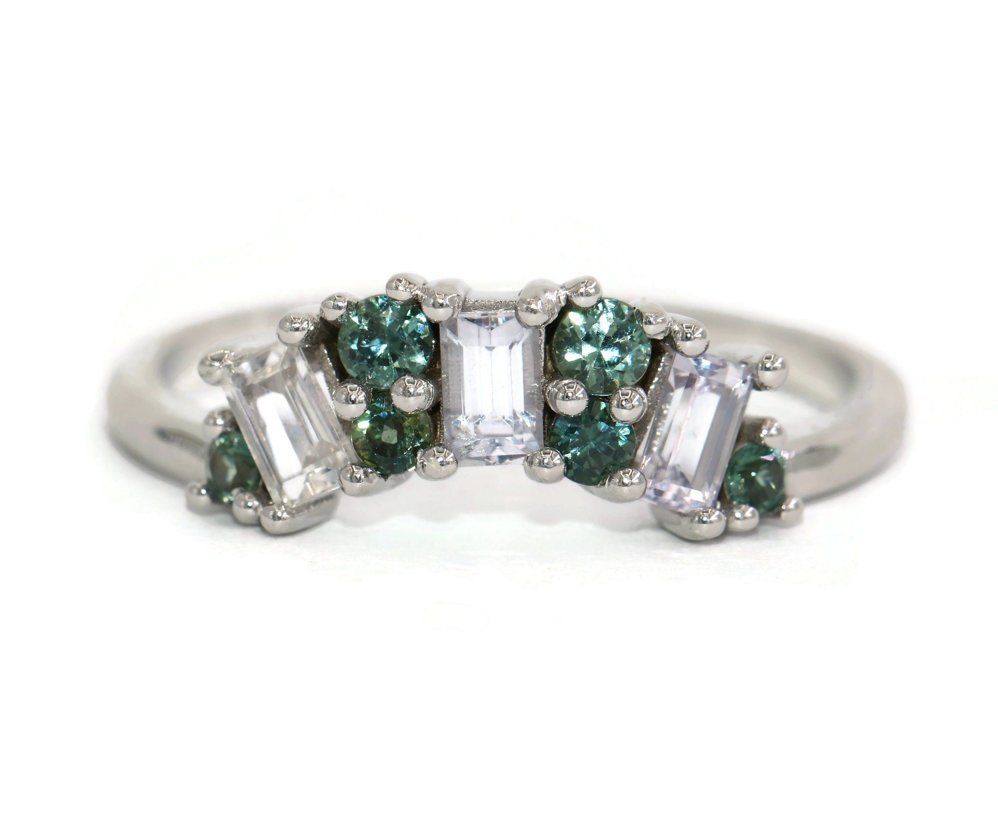 2 carat Teal Round and White Baguette Natural Sapphires Curved Custom-made Ring