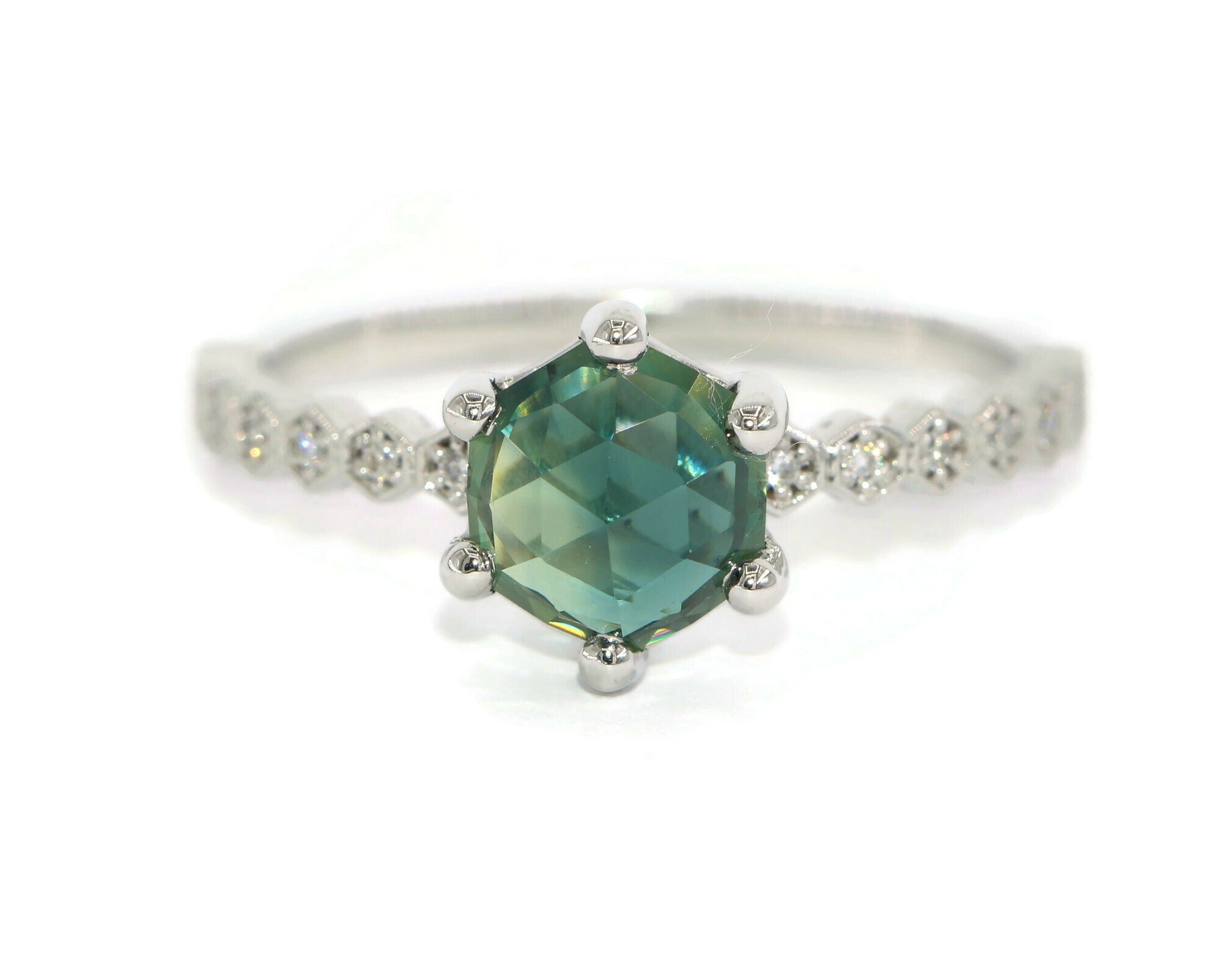 2 ct Custom Cut Teal Hexagon Sapphire Ring with Honeycomb Diamond Shank